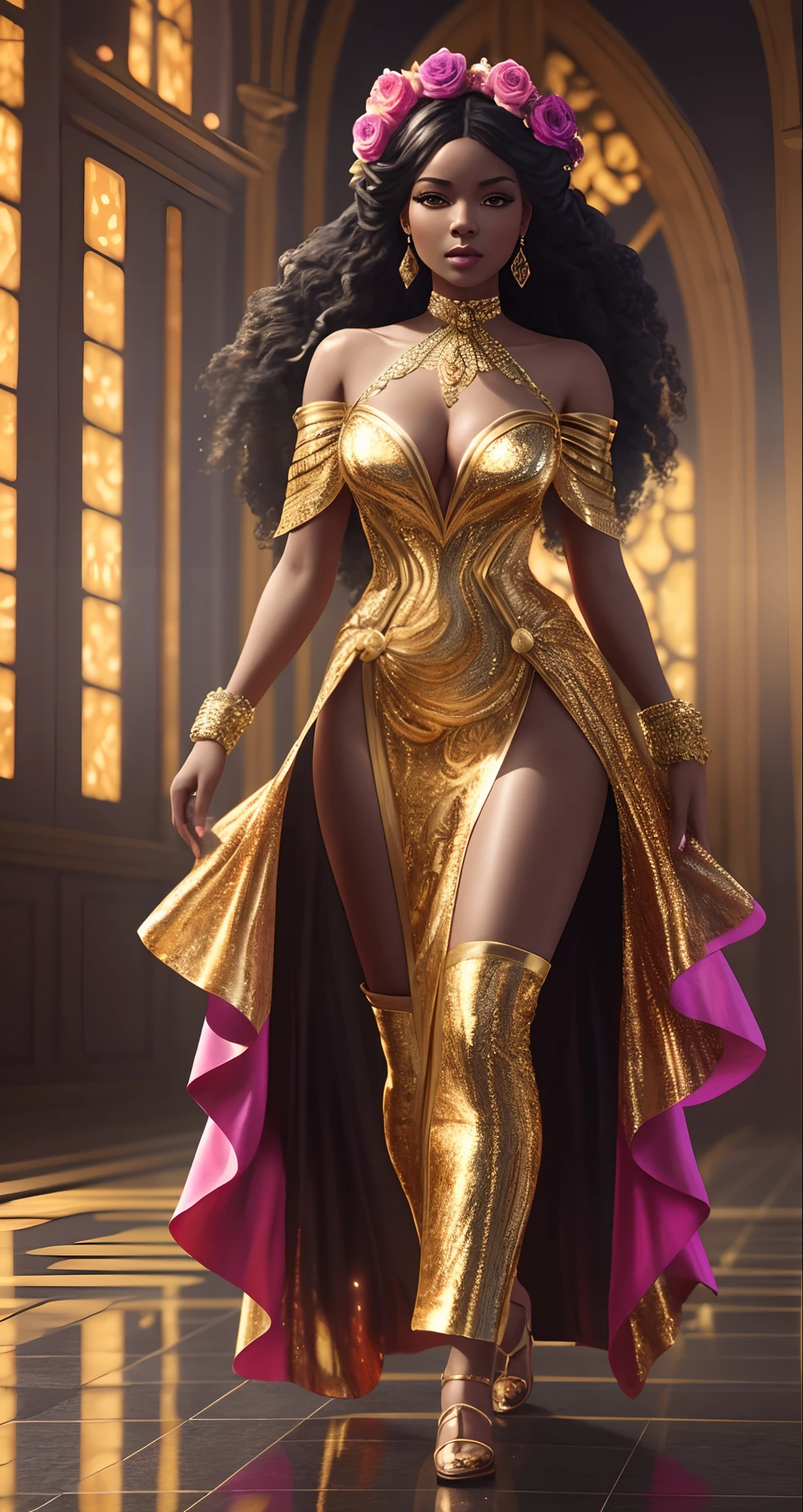 Beautiful black woman dressed in a silk soft dress walking in a rose golden heaven, with iridescent light, highly detailed images, vibrant beautiful colours, photorealistic image, 32k, ultra HD, unreal engine rendered, cinematic lighting, art by Bella kotak, artgerm style, deviantart --auto --s2