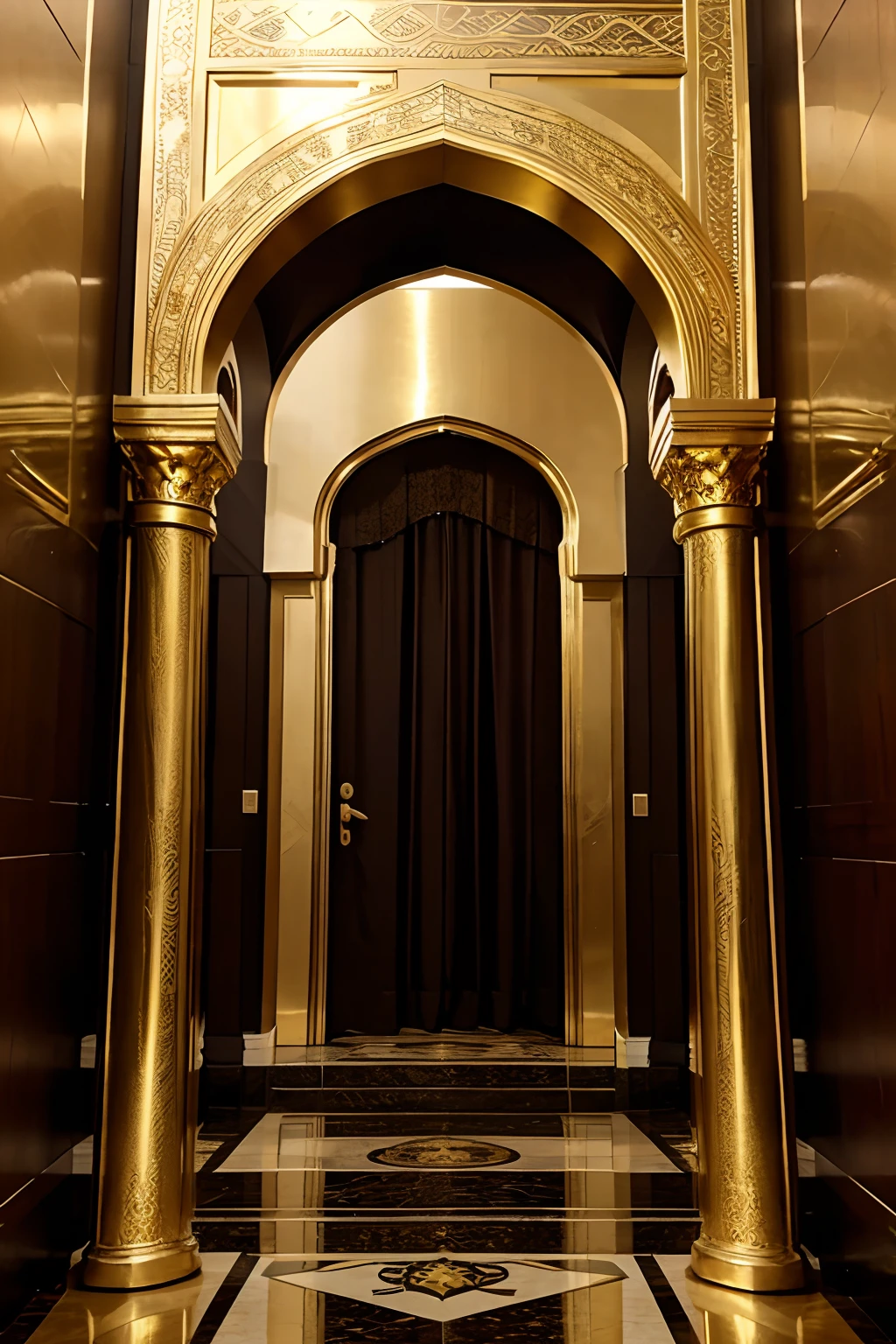 an indoor throne with steps surrounded by gold, arabian arch ways