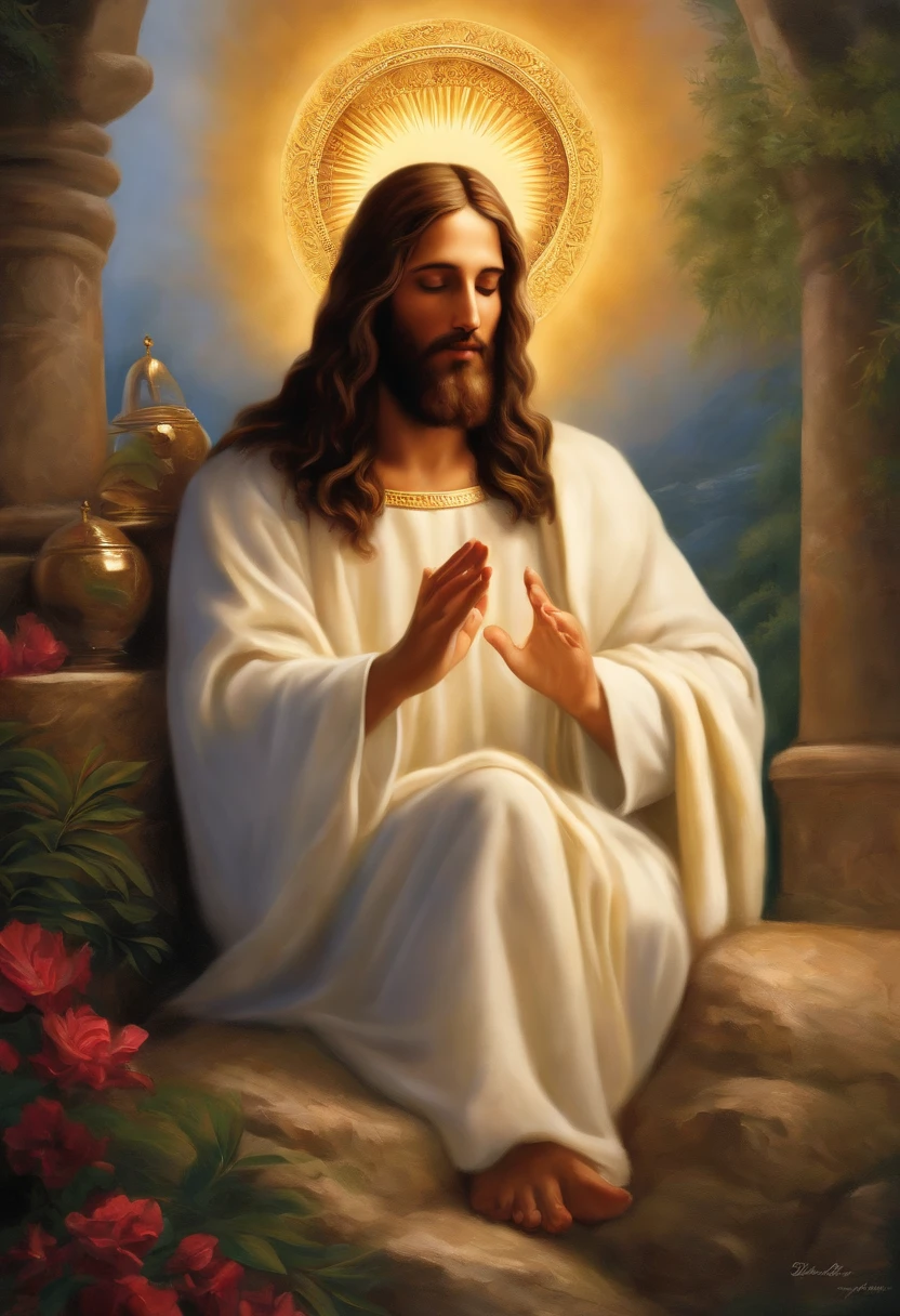 "Por favor, create a high-definition digital image of Jesus Christ, representando-o de forma compassiva e serena. The image should depict Jesus Christ in a setting that evokes peace and spirituality. Certifique-se de que os detalhes faciais, Dress and expression convey the sense of love and compassion that it is often associated with. Image should be high resolution (pelo menos 3000x4000 pixels) e com cores vibrantes. This artwork is intended to be a respectful and inspiring depiction."
Remember that the creation of religious images should be done with sensitivity and respect for people's belief and faith, and that the interpretation of Jesus Christ may vary among different religious traditions. Certifique-se de que a imagem gerada seja cuidadosa e respeitosa.