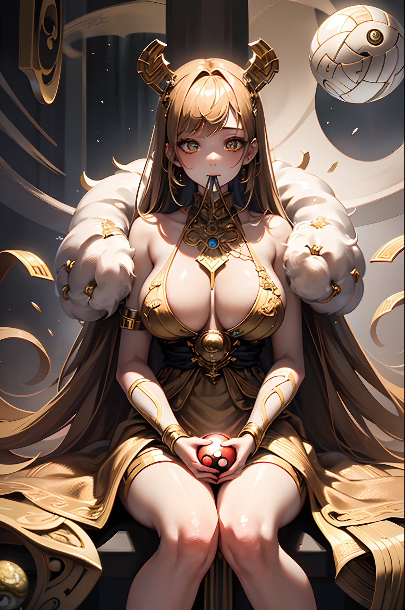 ((1girll)), anime big breast, kurzes dunkles Haar, caramel skin, Shiny spectacle lenses, Mouth closed，face expressionless, Sitting, Her hands held a glowing sphere，While ying and yang glowing spheres swirled around her.