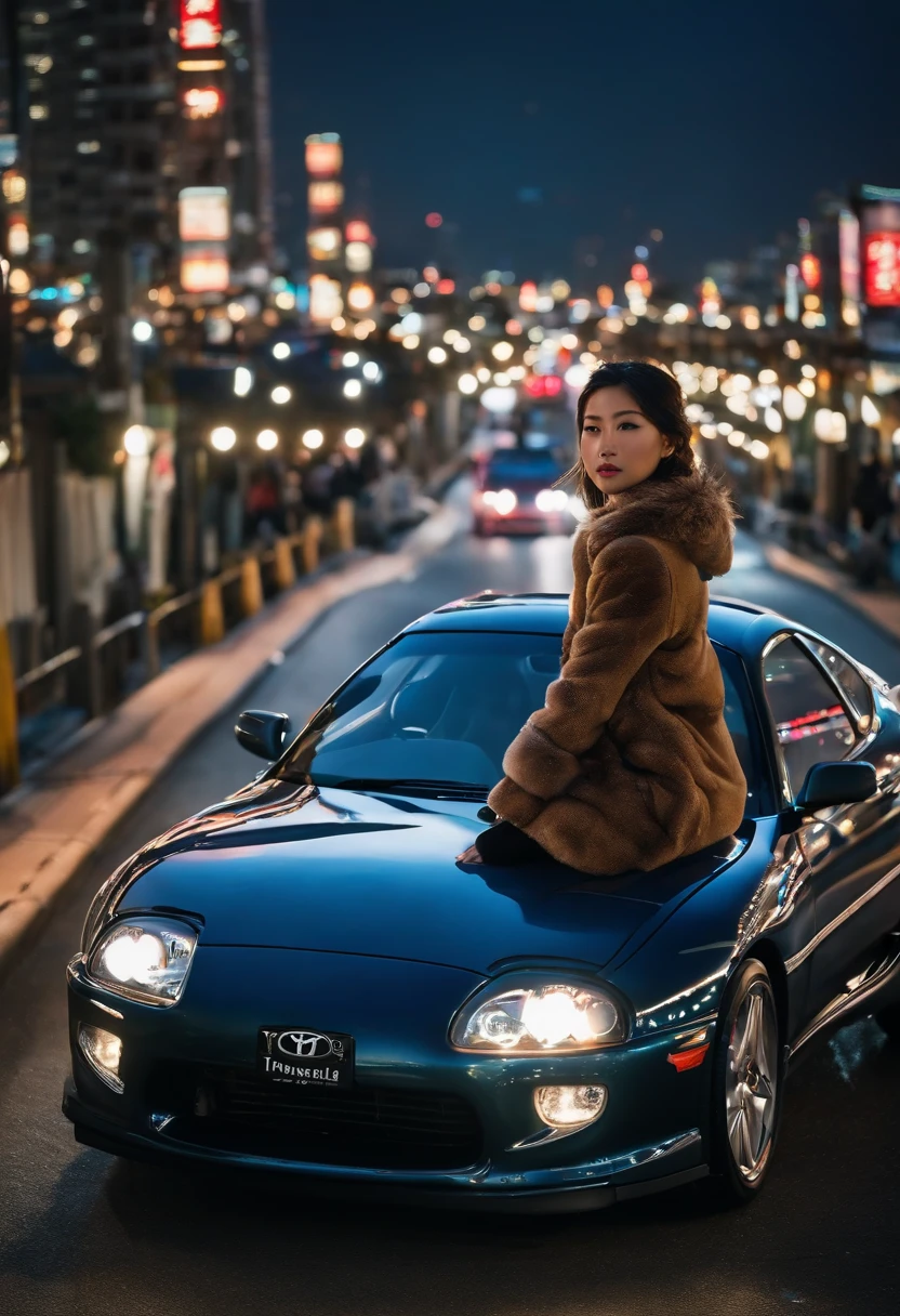 A Tokyo girl, clad in an edgy shearling jacket1, grips the steering wheel of her Toyota Supra. As she races under the starlit sky, she becomes a part of Tokyo’s pulsating nightlife.”