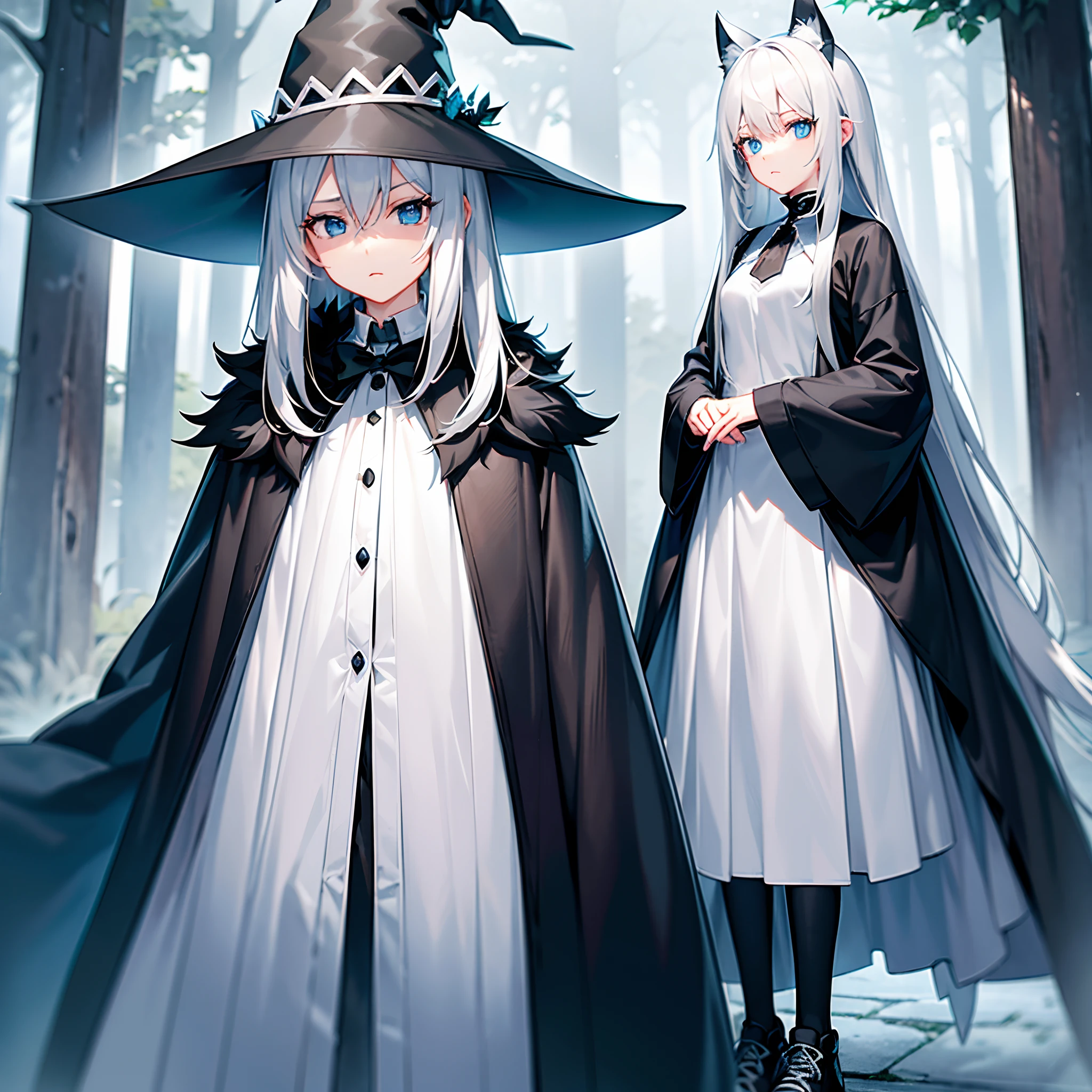 Mysterious forest on a rainy morning、One Wizard Girl Standing、Black coat、white t-shirts、a black skirt、white hair with a green mesh、Blue eyes with highlights、Looking at me with a fleeting expression、Large witch hat with sapphire accessories、Black sneakers with white laces、
