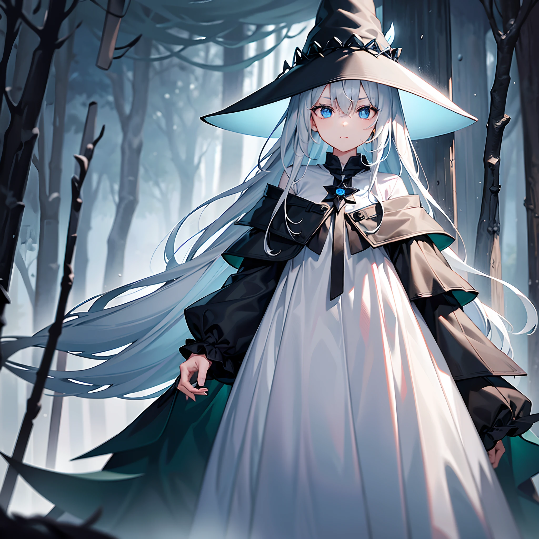 Mysterious forest on a rainy morning、One Wizard Girl Standing、Black coat、white t-shirts、a black skirt、white hair with a green mesh、Blue eyes with highlights、Looking at me with a fleeting expression、Large witch hat with sapphire accessories、Black sneakers with white laces、