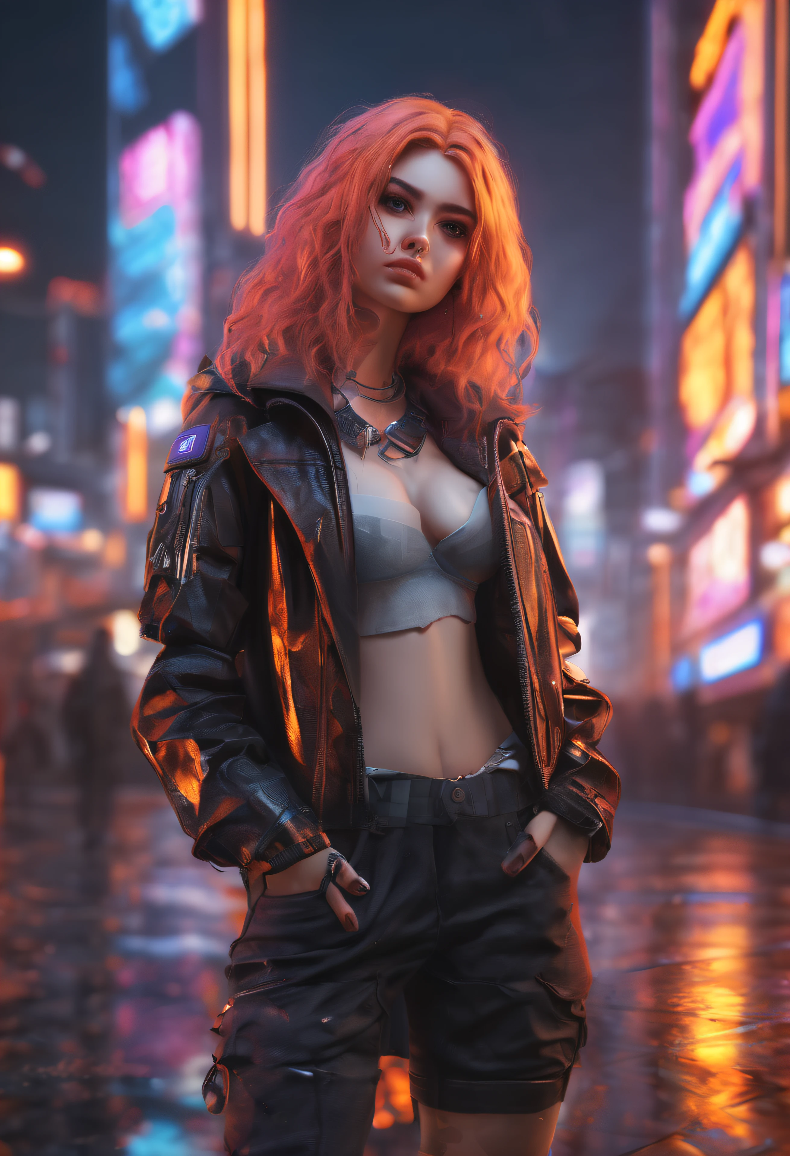 1girll, Cyberpunk Style, neonlight (Orange:0.9) The letter W made of broken glass on Cyberpunk Street。, Beautiful, Cyberpunk girl sexy standing on the street, Cute cyberpunk girl, Beautiful eyes, 4K eyes, Beautiful face, full bodyesbian, Large breasts, Long (purple:0.8) Hair, Normal eyes, high resolution, elegant, Artistic, Creative, Detailed, 8K, Expressive, intricately details, Masterpiece