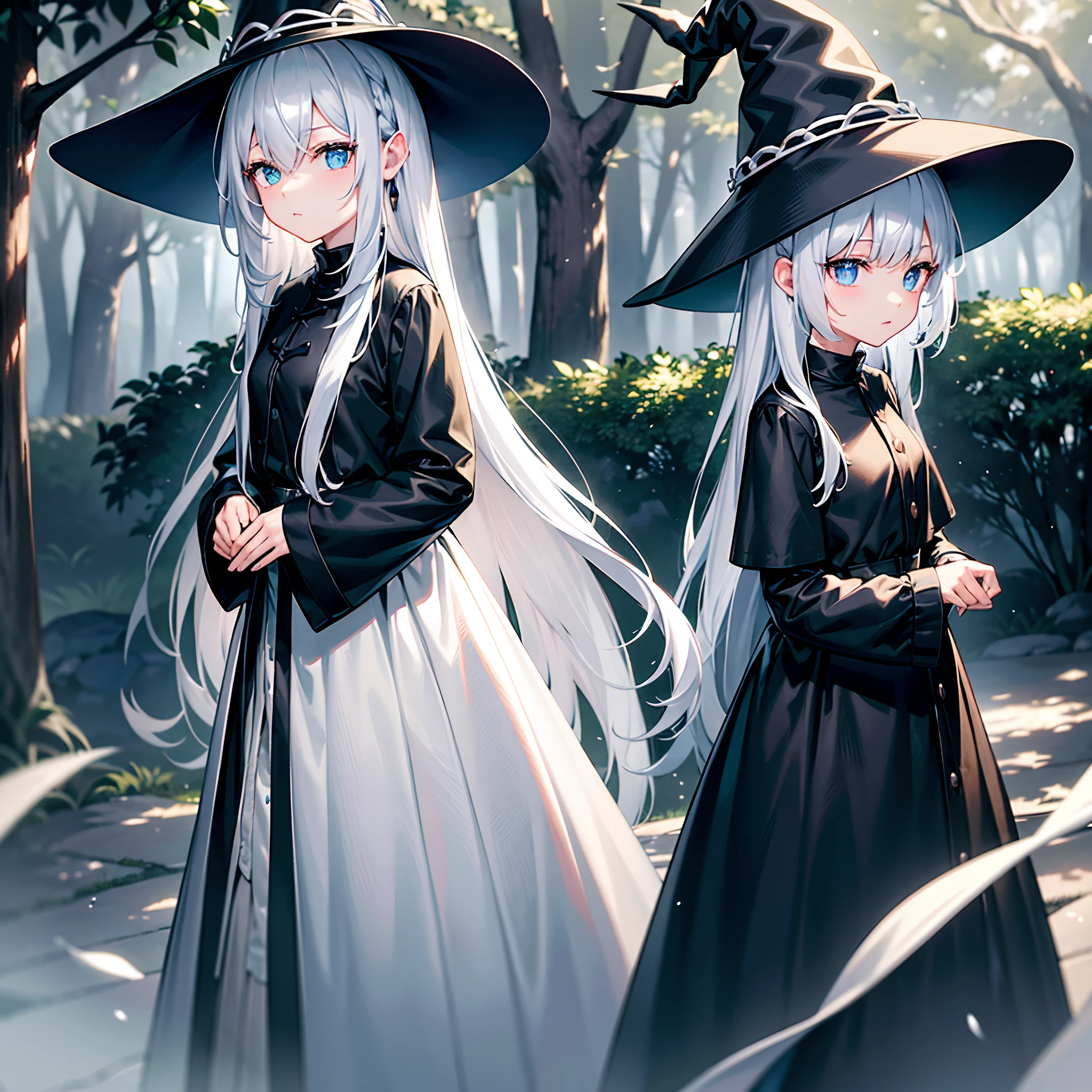 Mysterious forest on a rainy morning、One Wizard Girl Standing、Black coat、white t-shirts、a black skirt、white hair with a green mesh、Blue eyes with highlights、Looking at me with a fleeting expression、Large witch hat with sapphire accessories、Black sneakers with white laces、