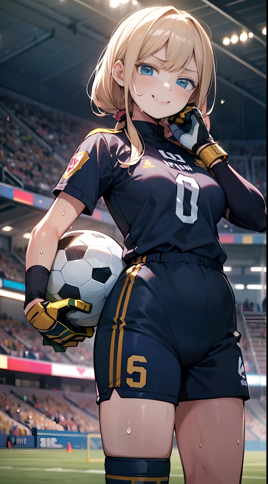 (((masterpiece))), (((Best Quality))), (((Ultra Detail Art))), (((hight resolution))), ((superfine illustration)), ((Ultimate cutie)), Detailed beautiful face, Shiny hair, (gyaru), ((medium breasts)), ((potbelly)), (((solo))), (((female goalkeeper))), ((Evil smile)), ((Smirk)), (blush), 
 BREAK, (((grab the beautiful spherical 6-inch football))), 
BREAK, (((Buruma))), (goalkeeper Uniforms), long sleeve goalkeeper Uniforms, (Kneepads), (elbow pad), (goal keeper gloves), ((Sweat)), ((Covered in sweat)), (Breathless), on soccer court, in stadium, Lighting, from below, Look at viewers