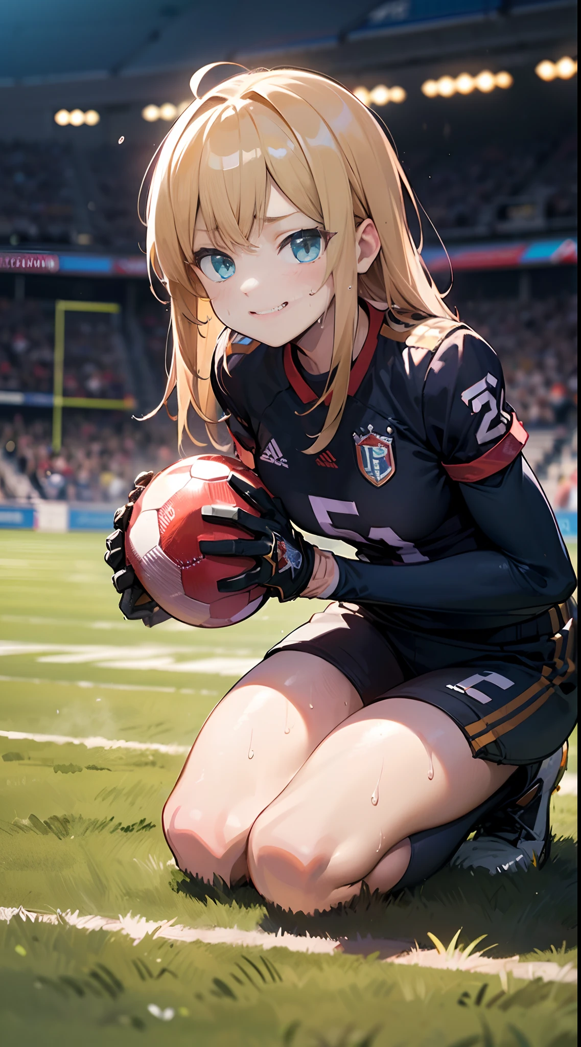 (((masterpiece))), (((Best Quality))), (((Ultra Detail Art))), (((hight resolution))), ((superfine illustration)), ((Ultimate cutie)), Detailed beautiful face, Shiny hair, (gyaru), ((medium breasts)), ((potbelly)), (((solo))), (((female goalkeeper))), ((Evil smile)), ((Smirk)), (blush),
BREAK, (((grab the beautiful spherical 6-inch football))),
BREAK, (((Buruma))), (goalkeeper Uniforms), long sleeve goalkeeper Uniforms, (Kneepads), (elbow pad), (goal keeper gloves), ((Sweat)), ((Covered in sweat)), (Breathless), on soccer court, in stadium, Lighting, Look at viewers