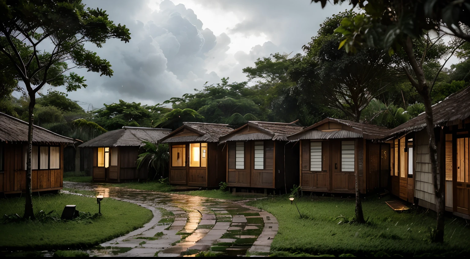 chuva forte na floresta enevoada, Rainy environment and humid vegetation, some huts with lamp-lit windows and doors, And trees all around you, Cloudy sky, Sharp-focus image, Imagem 4K de alta qualidade.