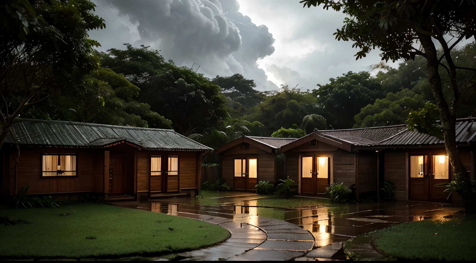chuva forte na floresta enevoada, Rainy environment and humid vegetation, some huts with lamp-lit windows and doors, And trees all around you, Cloudy sky, Sharp-focus image, Imagem 4K de alta qualidade.