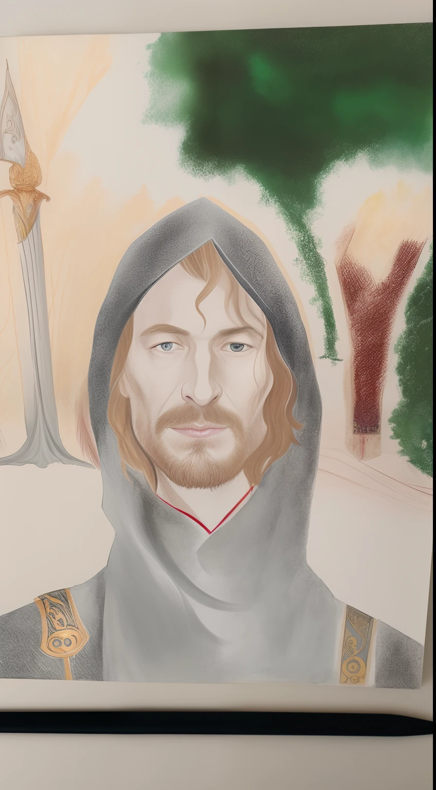 Painting of a man with a sword and a knife in his hand, inspirado em Ambrosius Holbein, Boromir em um 80\mundo do anime, inspirado em Hans Memling, Aragorn, Boromir em um mundo de anime, Aragorn em um mundo de anime, pintura de um cavaleiro, fantasy rpg symmetrical portrait, inspired by Matthias Grünewald