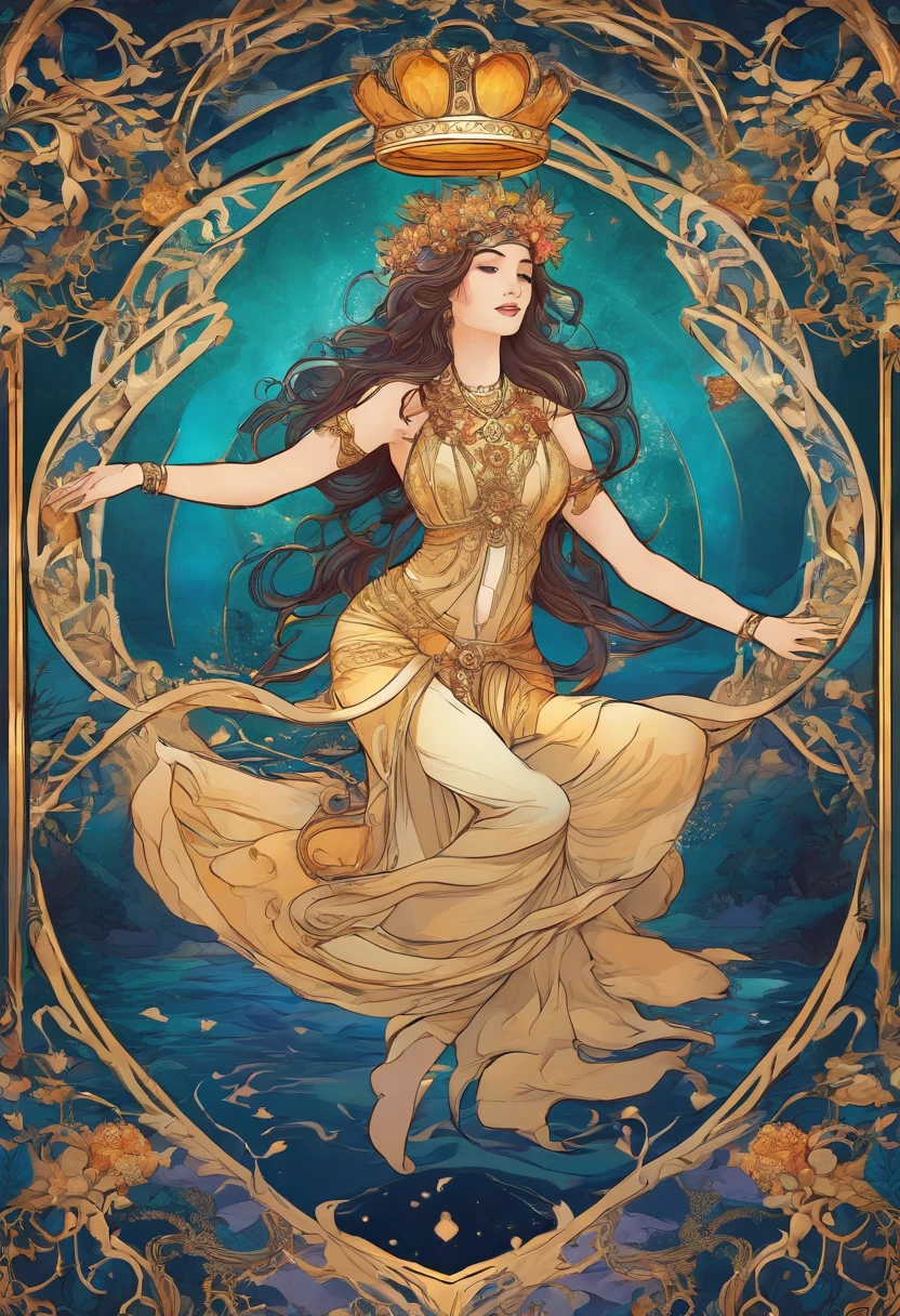 (best quality,4k,8k,highres,masterpiece:1.2),ultra-detailed,(realistic,photorealistic,photo-realistic:1.37),tarot card,queen of cups,illustration,rich texture,vivid colors,mysterious ambiance,detailed patterns and symbols,feminine energy,water element,serene expression,golden highlights,sacred geometry,lush garden background,moonlit night,soft lighting,deep shades of blue,calming water ripples,traditional art style,vibrant jewel tones,delicate floral motifs,flowing gown,royal crown,crystal clear cup,divination,spiritual intuition,emotional depth,symbolic interpretation,crossed legs,graceful posture,peaceful aura,transcendental experience.