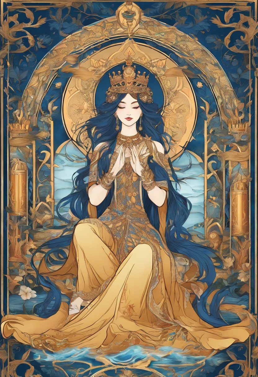 (best quality,4k,8k,highres,masterpiece:1.2),ultra-detailed,(realistic,photorealistic,photo-realistic:1.37),tarot card,queen of cups,illustration,rich texture,vivid colors,mysterious ambiance,detailed patterns and symbols,feminine energy,water element,serene expression,golden highlights,sacred geometry,lush garden background,moonlit night,soft lighting,deep shades of blue,calming water ripples,traditional art style,vibrant jewel tones,delicate floral motifs,flowing gown,royal crown,crystal clear cup,divination,spiritual intuition,emotional depth,symbolic interpretation,crossed legs,graceful posture,peaceful aura,transcendental experience.