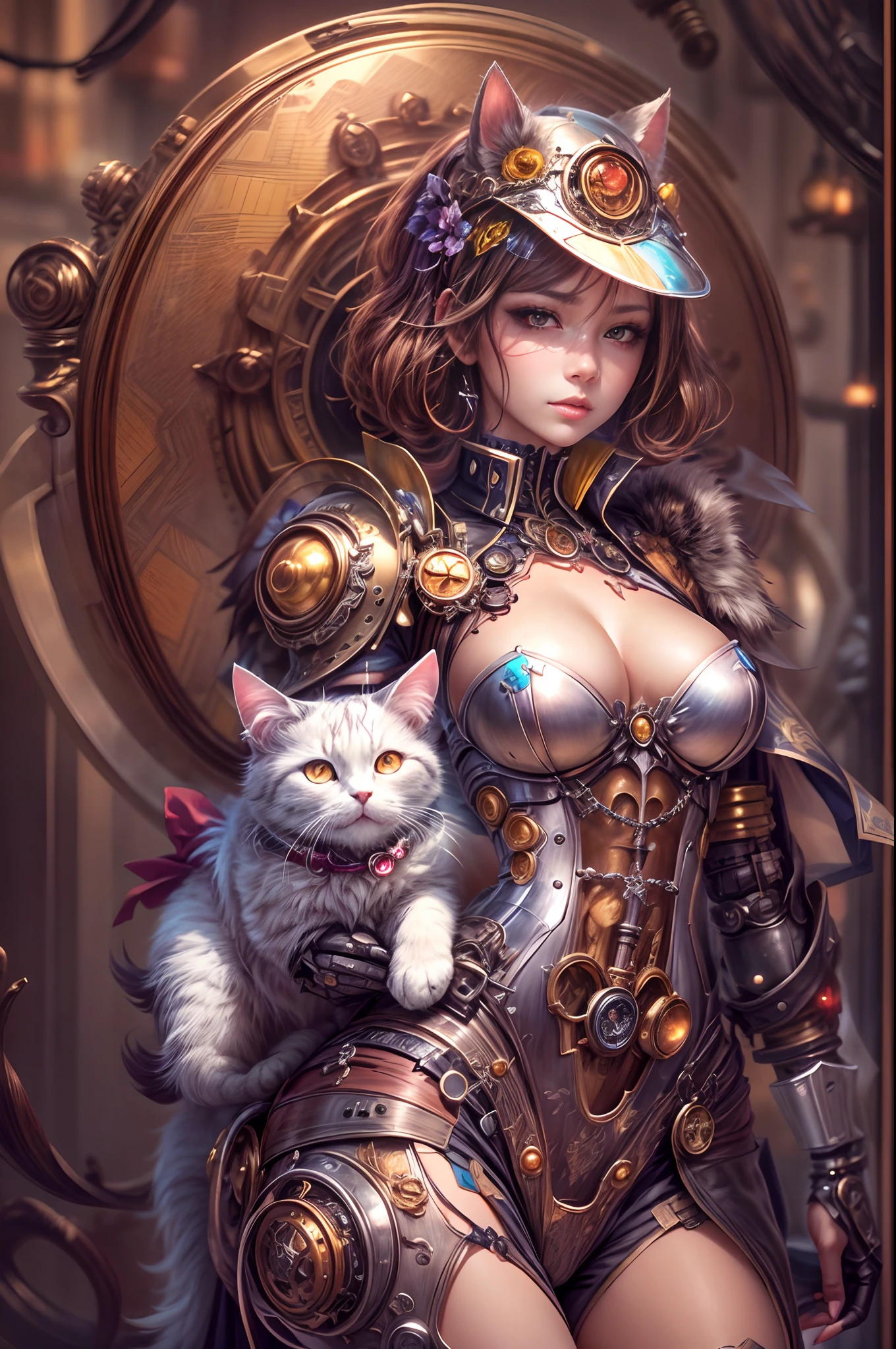 anime - style image of a woman in a full armor outfit with a cat, steampunk beautiful anime woman, full portrait of magical knight, cyborg goddess in cosmos, steampunk fantasy style, beautiful cyborg priestess, rococo cyberpunk, fantasy gorgeous lighting, beautiful female android!, a steampunk beautiful goddess, perfect anime cyborg woman, inspired by hajime sorayama