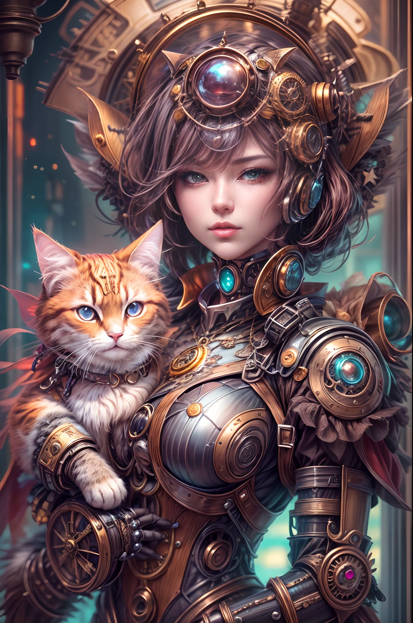 anime - style image of a woman in a full armor outfit with a cat, steampunk beautiful anime woman, full portrait of magical knight, cyborg goddess in cosmos, steampunk fantasy style, beautiful cyborg priestess, rococo cyberpunk, fantasy gorgeous lighting, beautiful female android!, a steampunk beautiful goddess, perfect anime cyborg woman, inspired by hajime sorayama