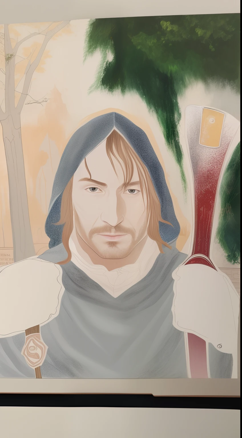 Painting of a man with a sword and a knife in his hand, inspirado em Ambrosius Holbein, Boromir em um 80\mundo do anime, inspirado em Hans Memling, Aragorn, Boromir em um mundo de anime, Aragorn em um mundo de anime, pintura de um cavaleiro, fantasy rpg symmetrical portrait, inspired by Matthias Grünewald