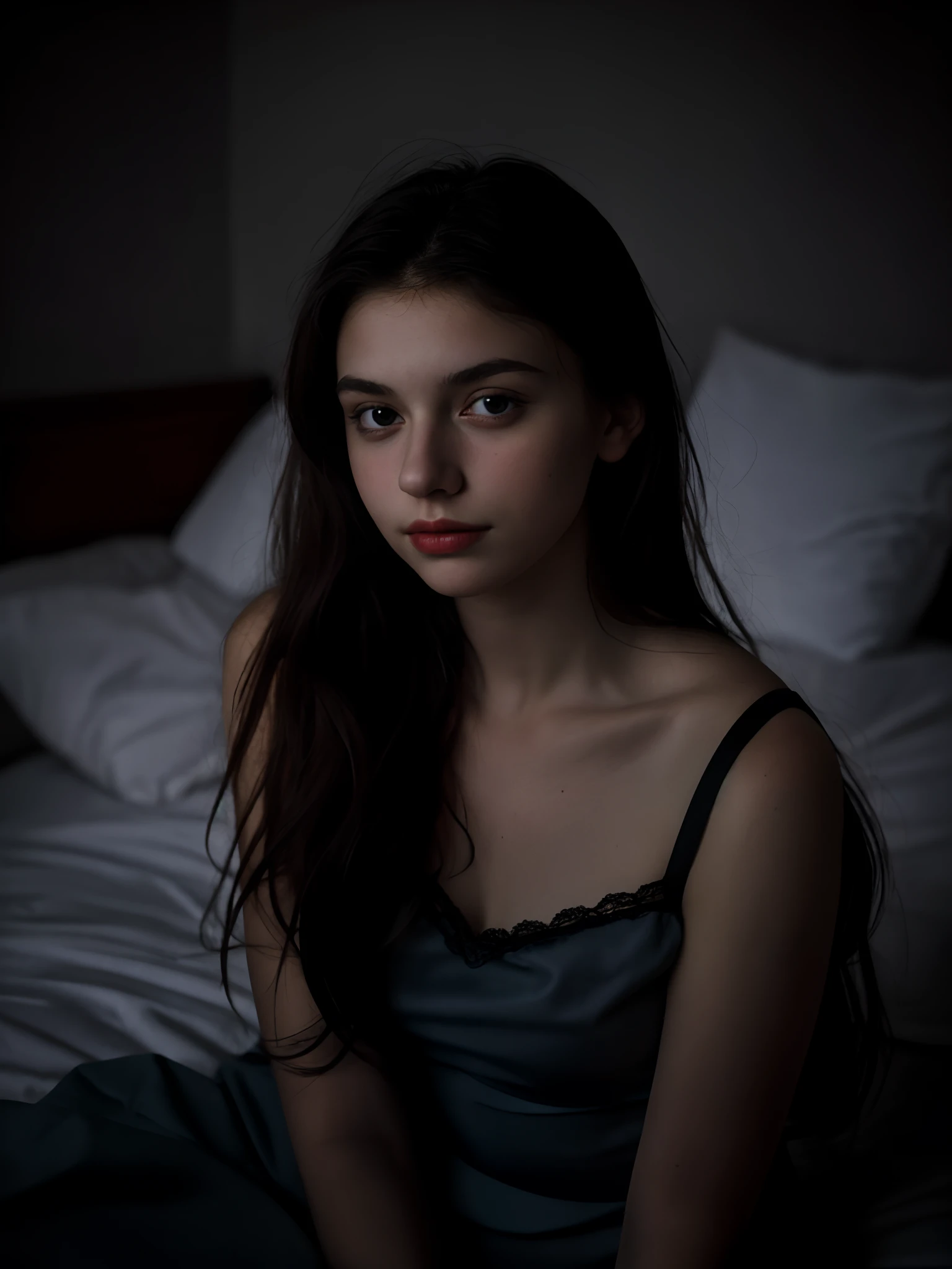 Portrait of an 18 year old cute beautiful perfect face it teen, she is happy, very beautiful Russian, raw, in bed, (dark private study, dark and moody light: 1.2)