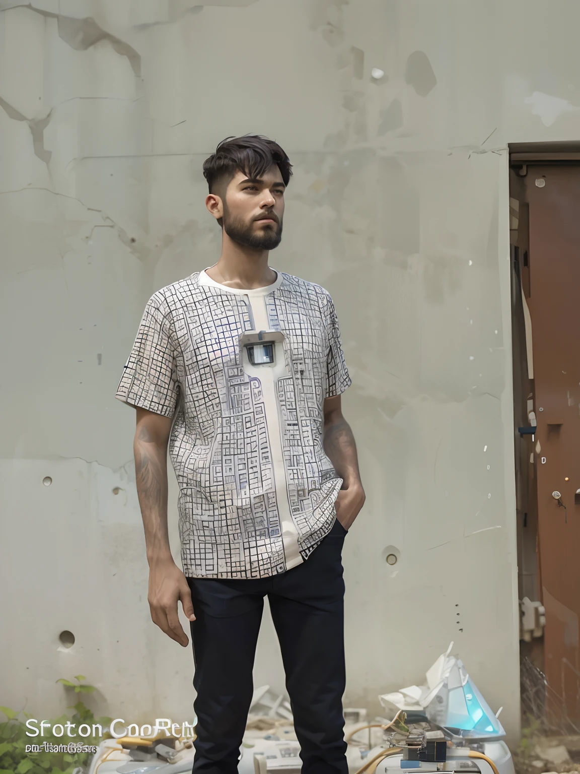 Guy Computer , Beautiful appearance ,Beard and short haircut, higly detailed , Lots of wires and robotic parts, Matrix Effect, Space Distortion, purple color, Blue . neonlight.