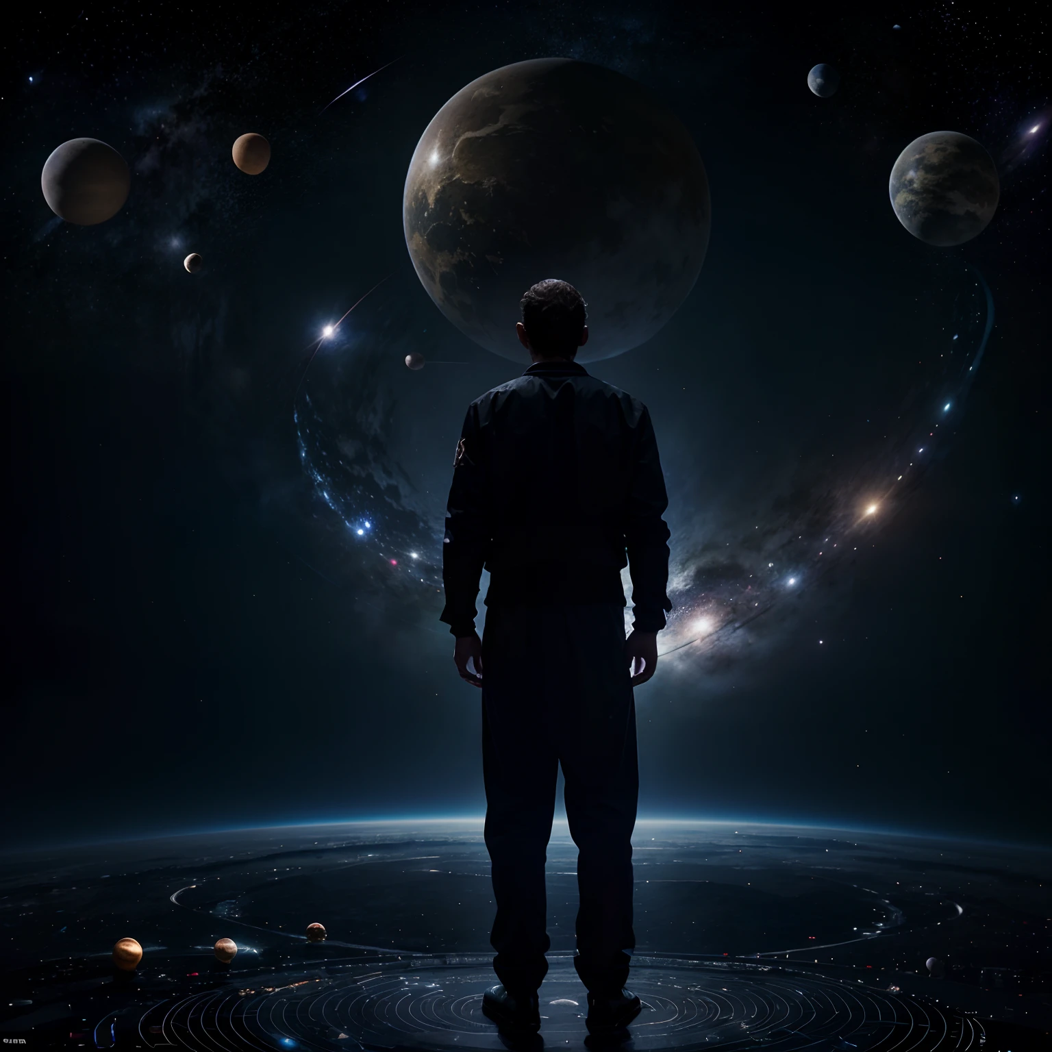 A man standing before a space full of planets, consciousness projection, they reach into his mind, the rise of consciousness, elevated consciousness, mind exploration, rasing of consciousness, infinite consciousness, cosmic enlightenment, ser interdimensional, distributed consciousness