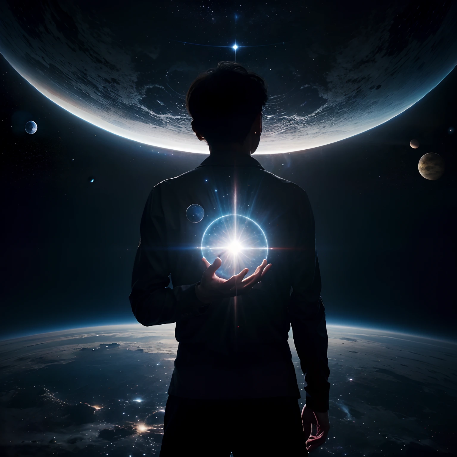 A man standing before a space full of planets, consciousness projection, they reach into his mind, the rise of consciousness, elevated consciousness, mind exploration, rasing of consciousness, infinite consciousness, cosmic enlightenment, ser interdimensional, distributed consciousness