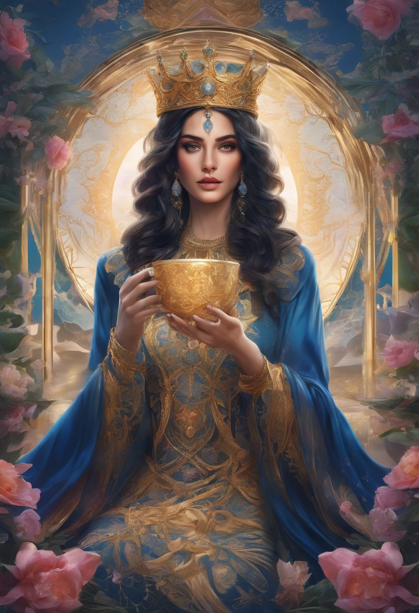 (best quality,4k,8k,highres,masterpiece:1.2),ultra-detailed,(realistic,photorealistic,photo-realistic:1.37),tarot card,queen of cups,illustration,rich texture,vivid colors,mysterious ambiance,detailed patterns and symbols,feminine energy,water element,serene expression,golden highlights,sacred geometry,lush garden background,moonlit night,soft lighting,deep shades of blue,calming water ripples,traditional art style,vibrant jewel tones,delicate floral motifs,flowing gown,royal crown,crystal clear cup,divination,spiritual intuition,emotional depth,symbolic interpretation,crossed legs,graceful posture,peaceful aura,transcendental experience.