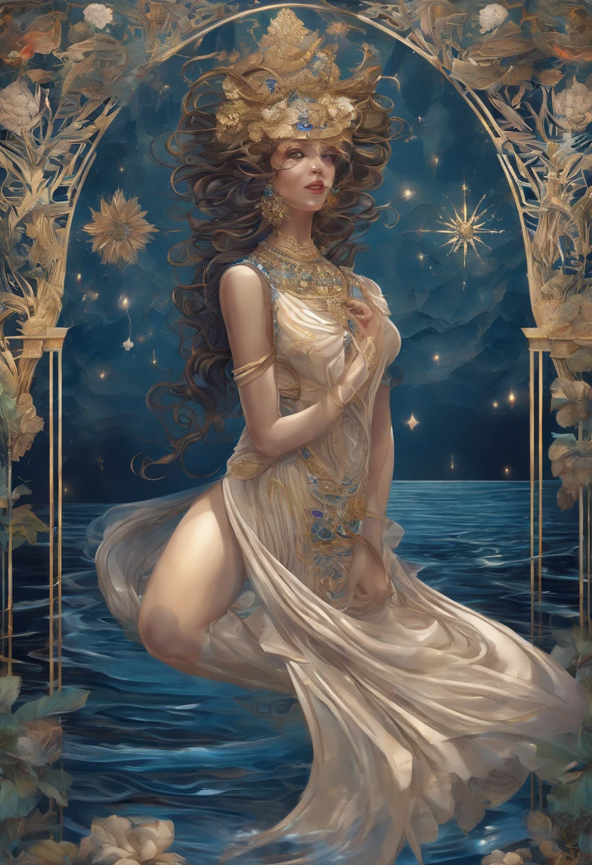 (best quality,4k,8k,highres,masterpiece:1.2),ultra-detailed,(realistic,photorealistic,photo-realistic:1.37),tarot card,queen of cups,illustration,rich texture,vivid colors,mysterious ambiance,detailed patterns and symbols,feminine energy,water element,serene expression,golden highlights,sacred geometry,lush garden background,moonlit night,soft lighting,deep shades of blue,calming water ripples,traditional art style,vibrant jewel tones,delicate floral motifs,flowing gown,royal crown,crystal clear cup,divination,spiritual intuition,emotional depth,symbolic interpretation,crossed legs,graceful posture,peaceful aura,transcendental experience.