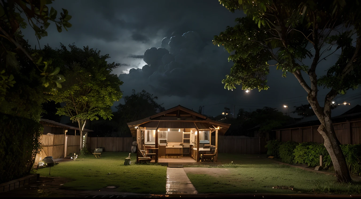 chuva forte na floresta com nevoa, Rainy environment and humid vegetation, algumas cabanas com janelas e portas iluminadas por lampadas, And trees all around you, clouded skies, Image with sharp focus, imagem de alta qualidade 4k