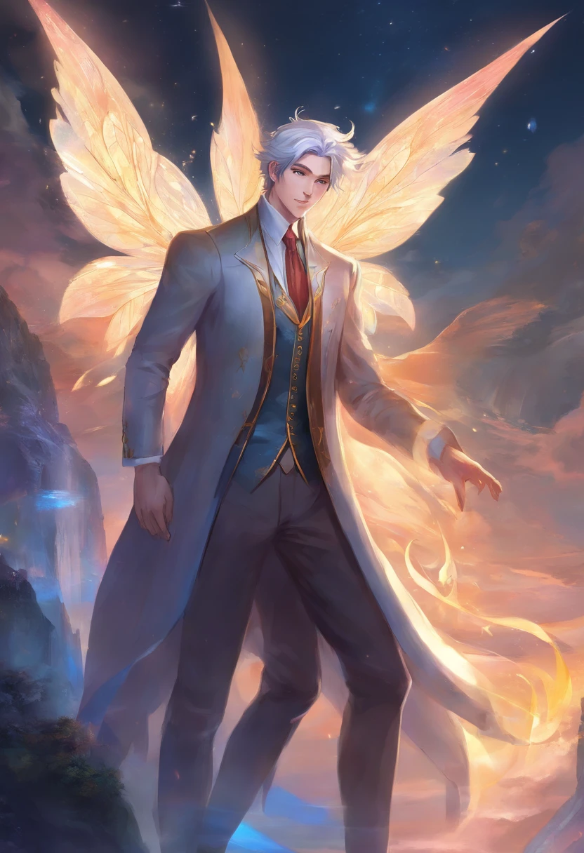 Anime, full body, male, noble, fairy effects, wearing a suit, 8k, gray hair color,