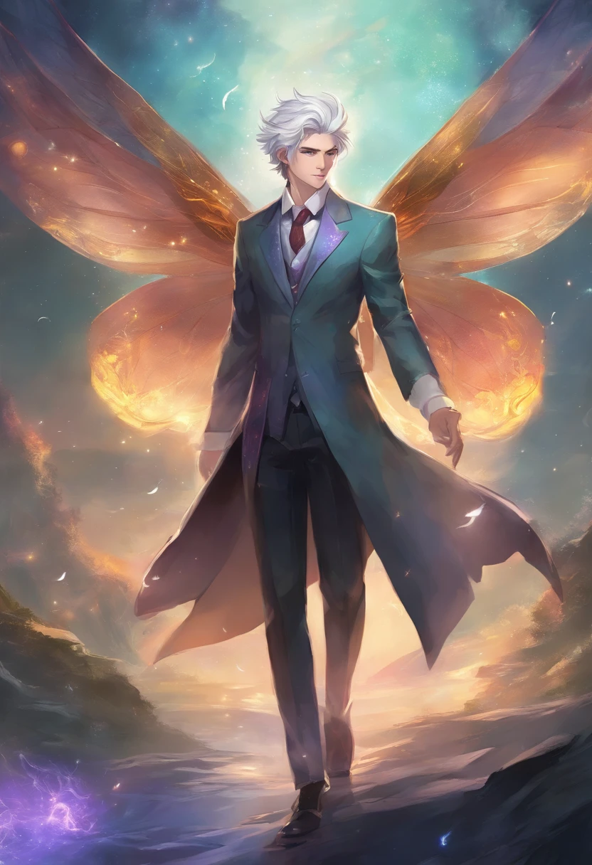 Anime, full body, male, noble, fairy effects, wearing a suit, 8k, gray hair color,
