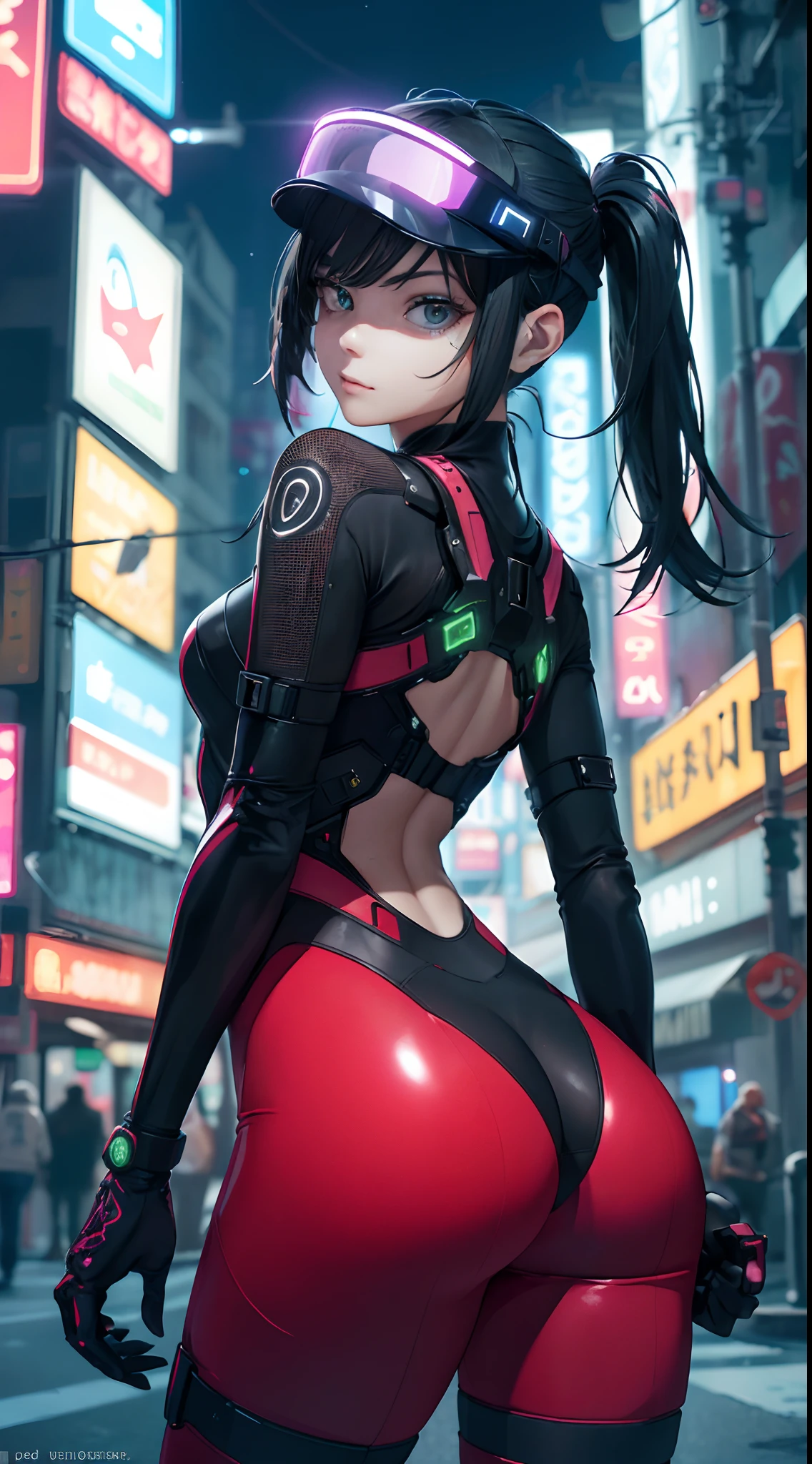 highest qualityr))、((obra maestra)、cyberpunked、large buttockss、arrodillarse、Electronic visor attached to the face of a -yeld giwith emphasis on the buttocks、Red latex body,Moda cyberpunk、Pose sexy、(Usar polainas amarillas en la parte inferior del cuerpo、Agrandamiento de los senos、Neon lights in the dark city at night,motor irreal:1.4,UHD,La mejor calidad:1.4, fotorrealista:1.4, textura de la piel:1.4, obra maestra:1.8,obra-prima, mejor calidad,(Beautiful and detailed eye description)
