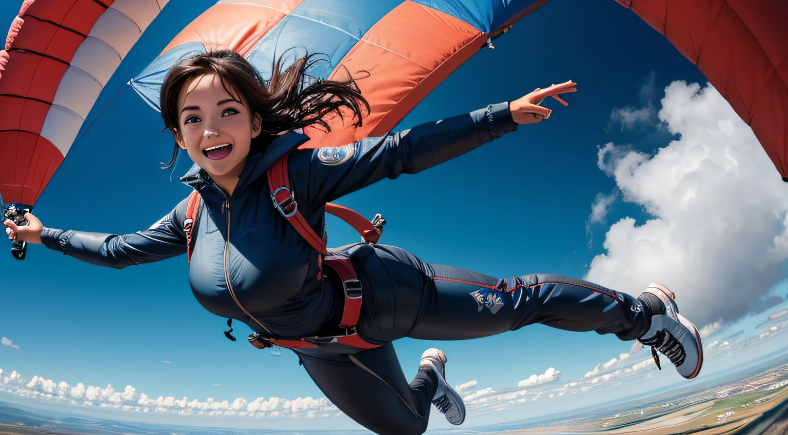 A WOMAN JUMPING OUT OF A PLANE USING A PARACHUTE ((masterpiece)), ((best quality))), ((ultra-detailed)), UHD, 8K, ((high resolution))), ((illustration)), ((realistic)),