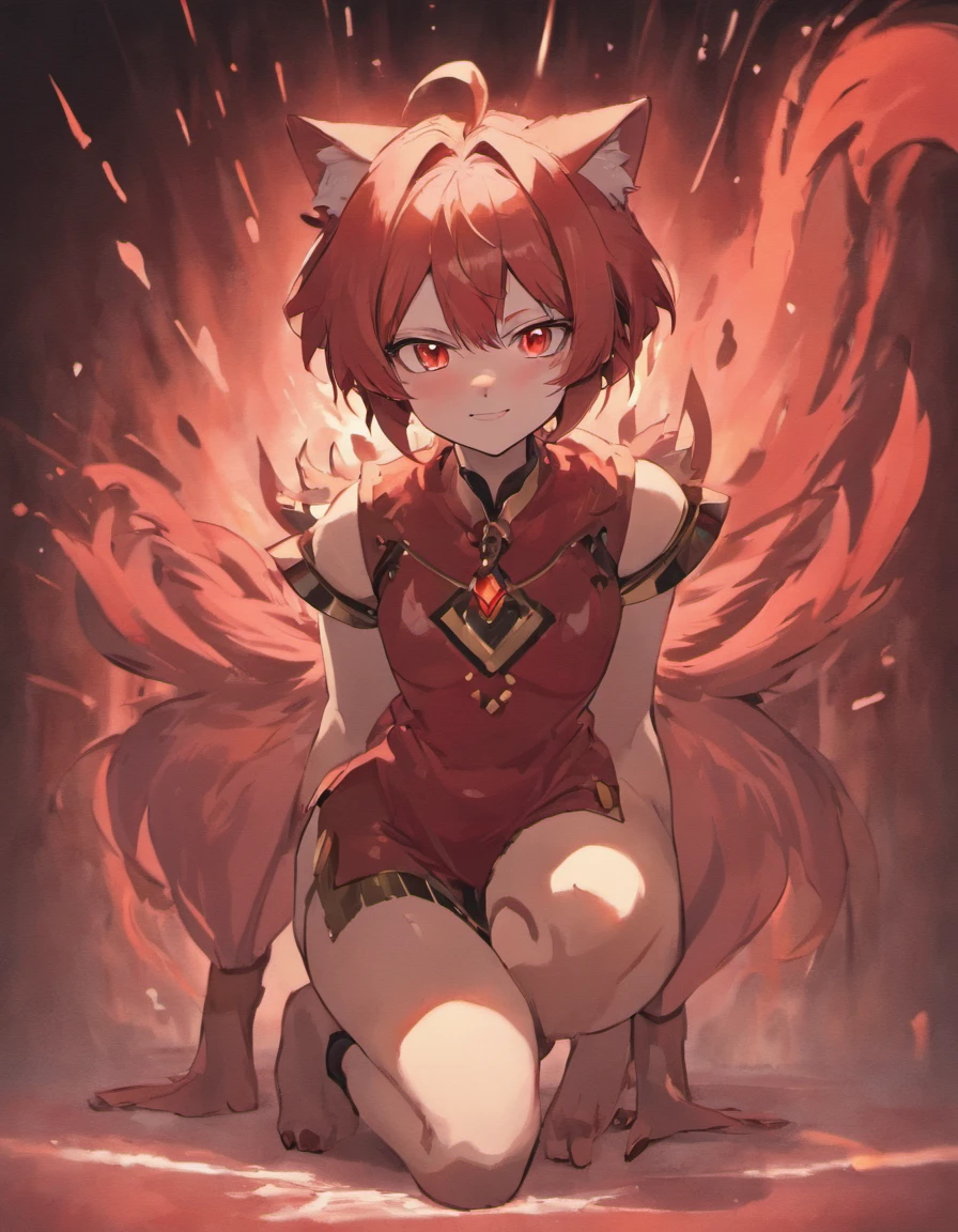 Boy, wolf ears, seductive smile, glowing red eyes, big thighs, posture on knees, wolf tail, blush