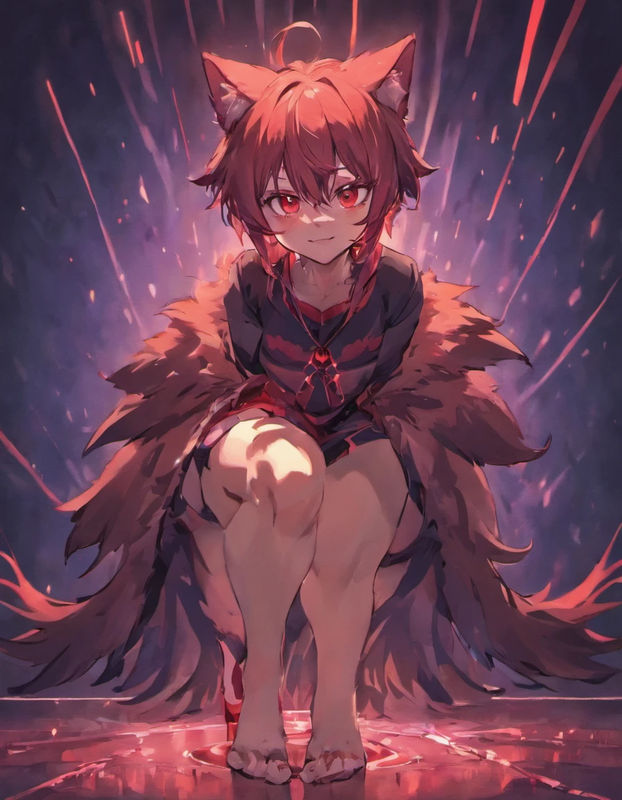 Boy, wolf ears, seductive smile, glowing red eyes, big thighs, posture on knees, wolf tail, blush