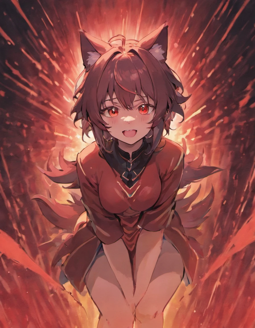 Boy, wolf ears, seductive smile, glowing red eyes, big thighs, posture on knees, wolf tail, blush