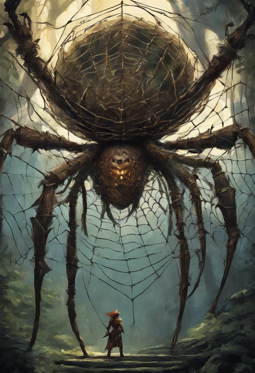 Huge metal spider that is in prison a warrior in a wire web , Tyler Edlin Fantasy Art, Style artistique humblewood, Illustration High Fantasy, guerrier , Surprisingly detailed D & D art