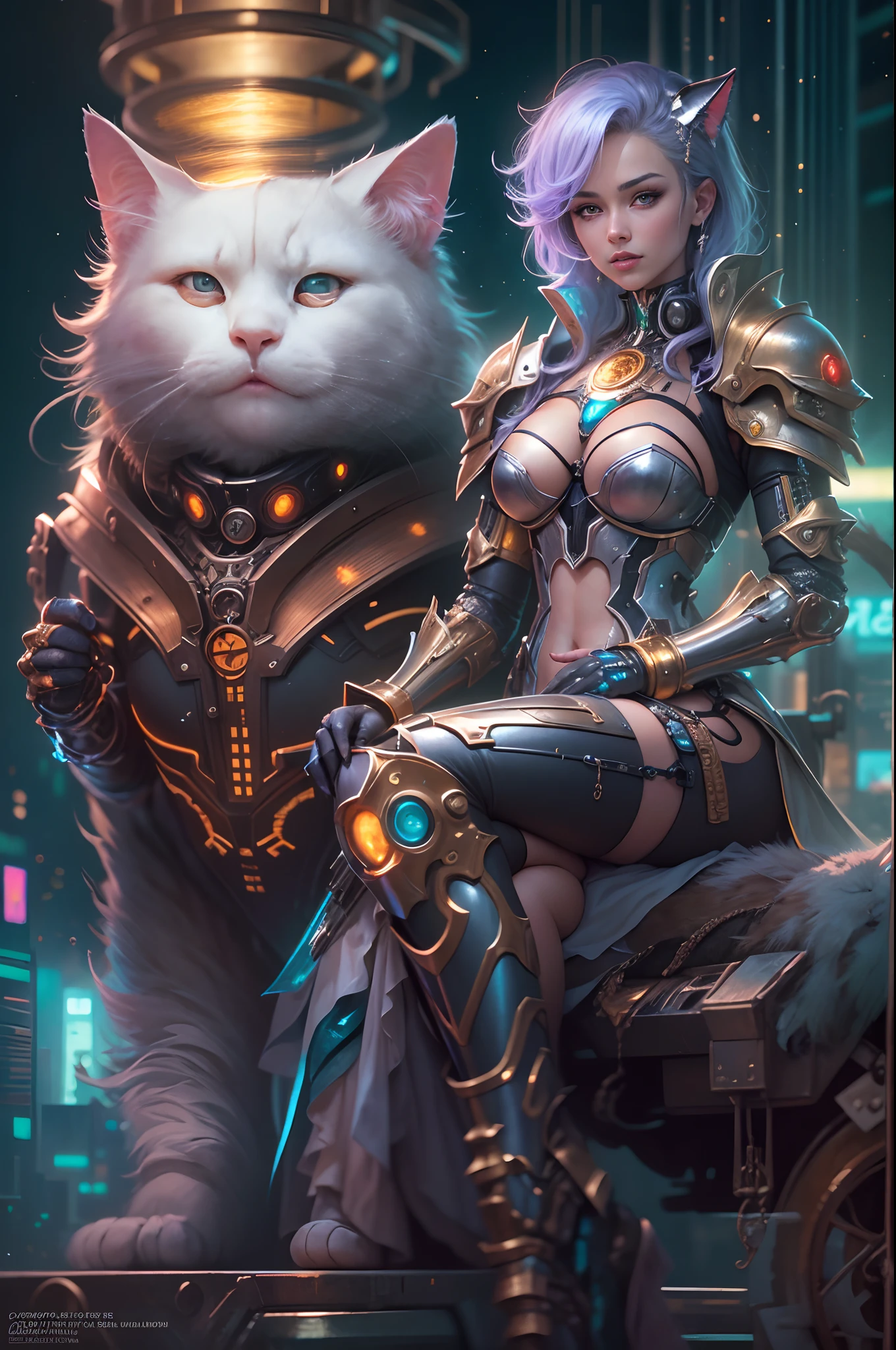anime - style image of a woman in a full armor outfit with a cat, cyberpunk art inspired by hajime sorayama, cgsociety contest winner, fantasy art, steampunk beautiful anime woman, full portrait of magical knight, cyborg goddess in cosmos, steampunk fantasy style, beautiful cyborg priestess, rococo cyberpunk, fantasy gorgeous lighting, beautiful female android!