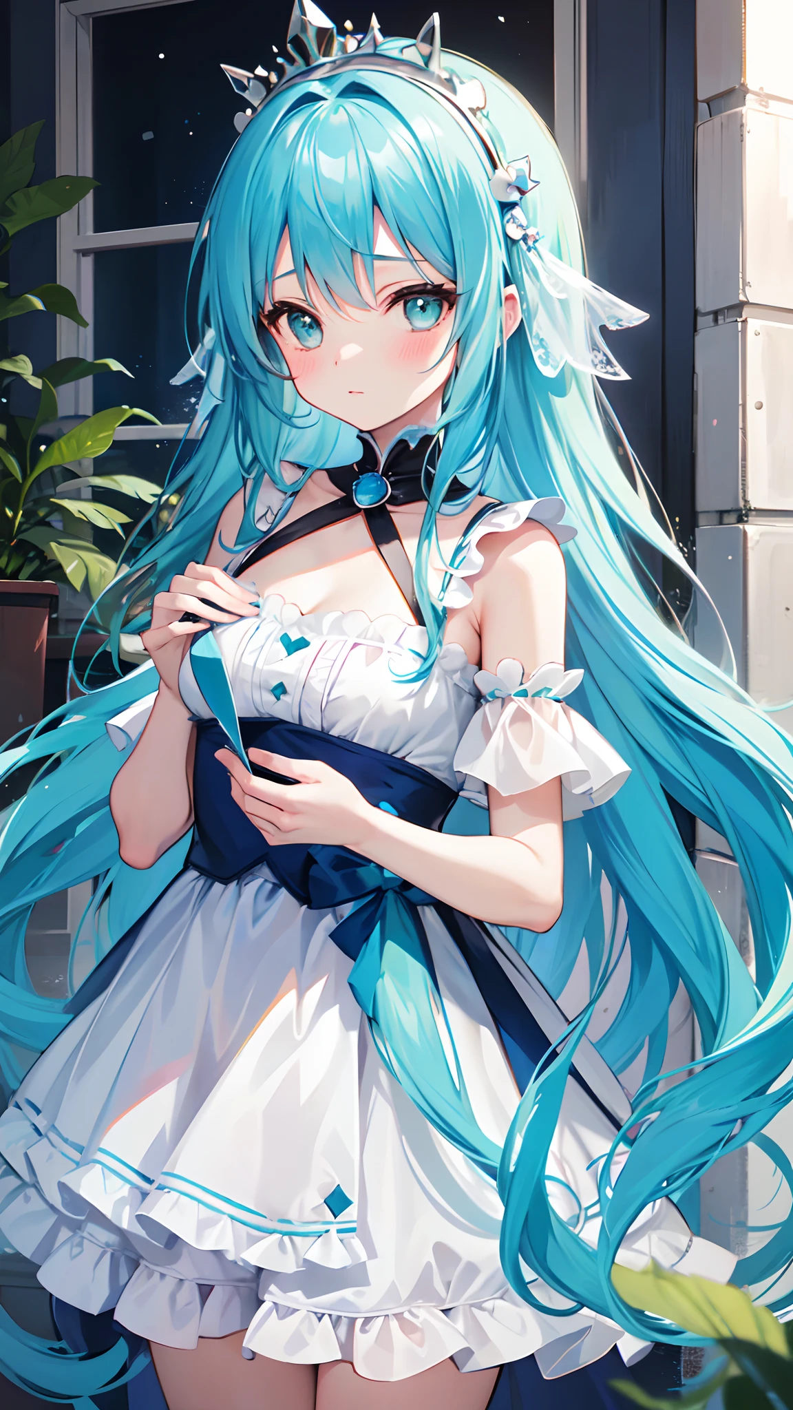 girl with, Long hair, Blue hair, aqua, Princess, Wearing a dress, Blush face,