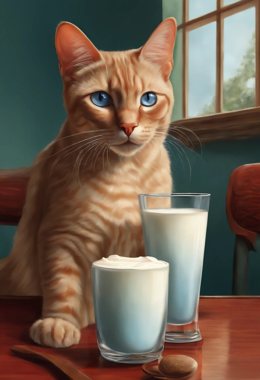 There was a cat sitting next to a glass of milk, Gato bebiendo leche, Illustration of 1 Trigrade Red-tipped Siamese Cat, ojos azules grisaceos, Ilustraciones ultrarrealistas, Ilustraciones ultrarrealistas, hypperrealistic illustration, un gato. Pintura realista, autor:Wayne Inglaterra, realistic illustration, Ilustraciones ultrarrealistas, retrato, Cerrar retrato, Surrealismo premiado, autor:Lisa Mirroy, por Galen Dara