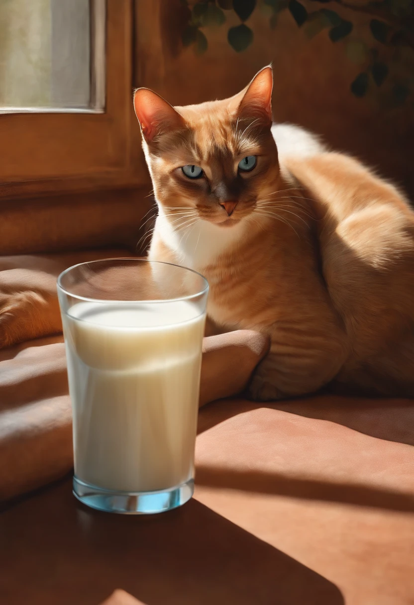 There was a cat sitting next to a glass of milk, Gato bebiendo leche, Illustration of 1 Trigrade Red-tipped Siamese Cat, ojos azules grisaceos, Ilustraciones ultrarrealistas, Ilustraciones ultrarrealistas, hypperrealistic illustration, un gato. Pintura realista, autor:Wayne Inglaterra, realistic illustration, Ilustraciones ultrarrealistas, retrato, Cerrar retrato, Surrealismo premiado, autor:Lisa Mirroy, por Galen Dara