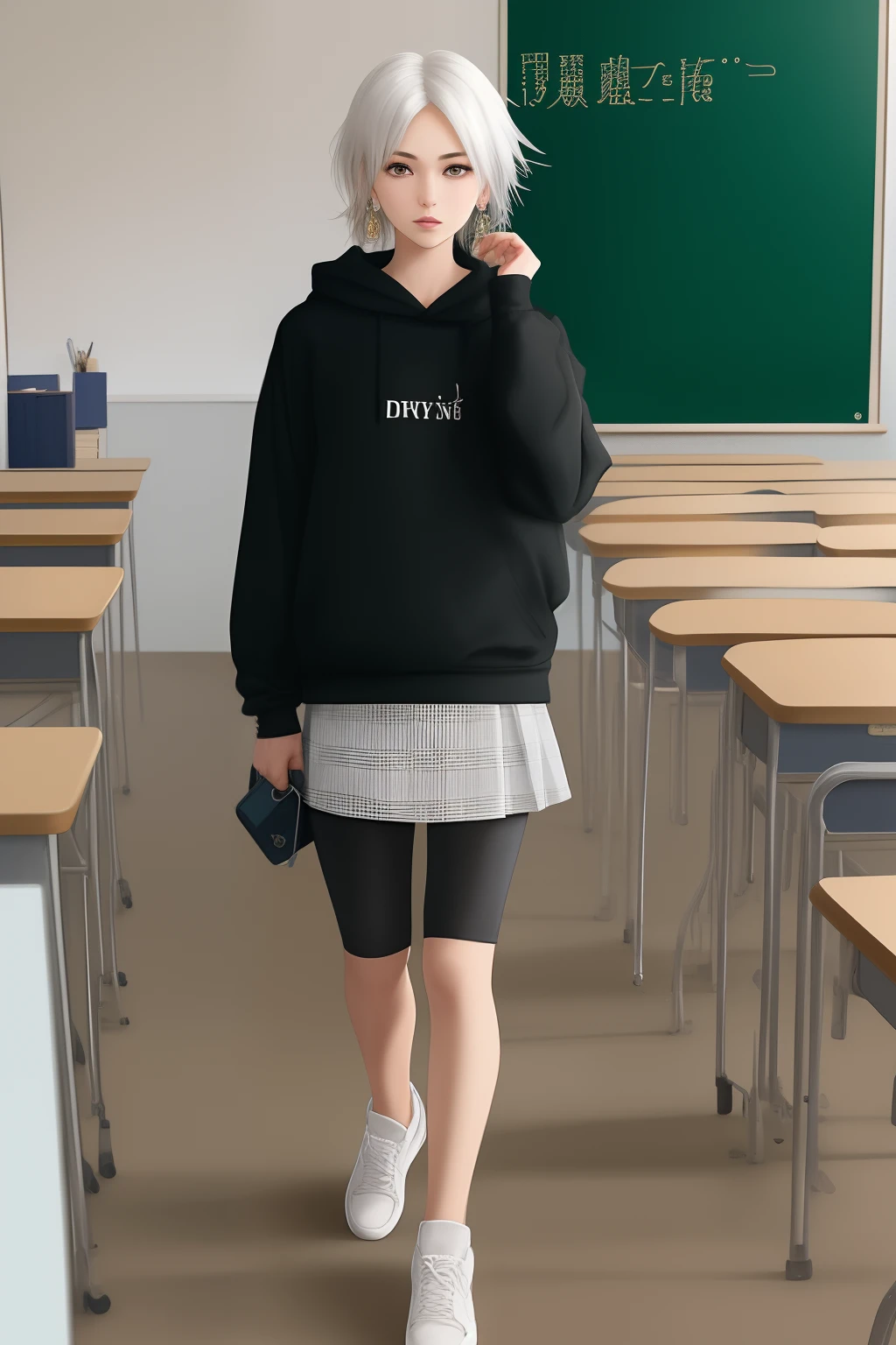 style anime, with white hair, With kind eyes, in the classroom, at the school, Dressed in a black hoodie, black bodycon skirt, reads manga, in white sneakers, with gold hoop earrings, key on a chain