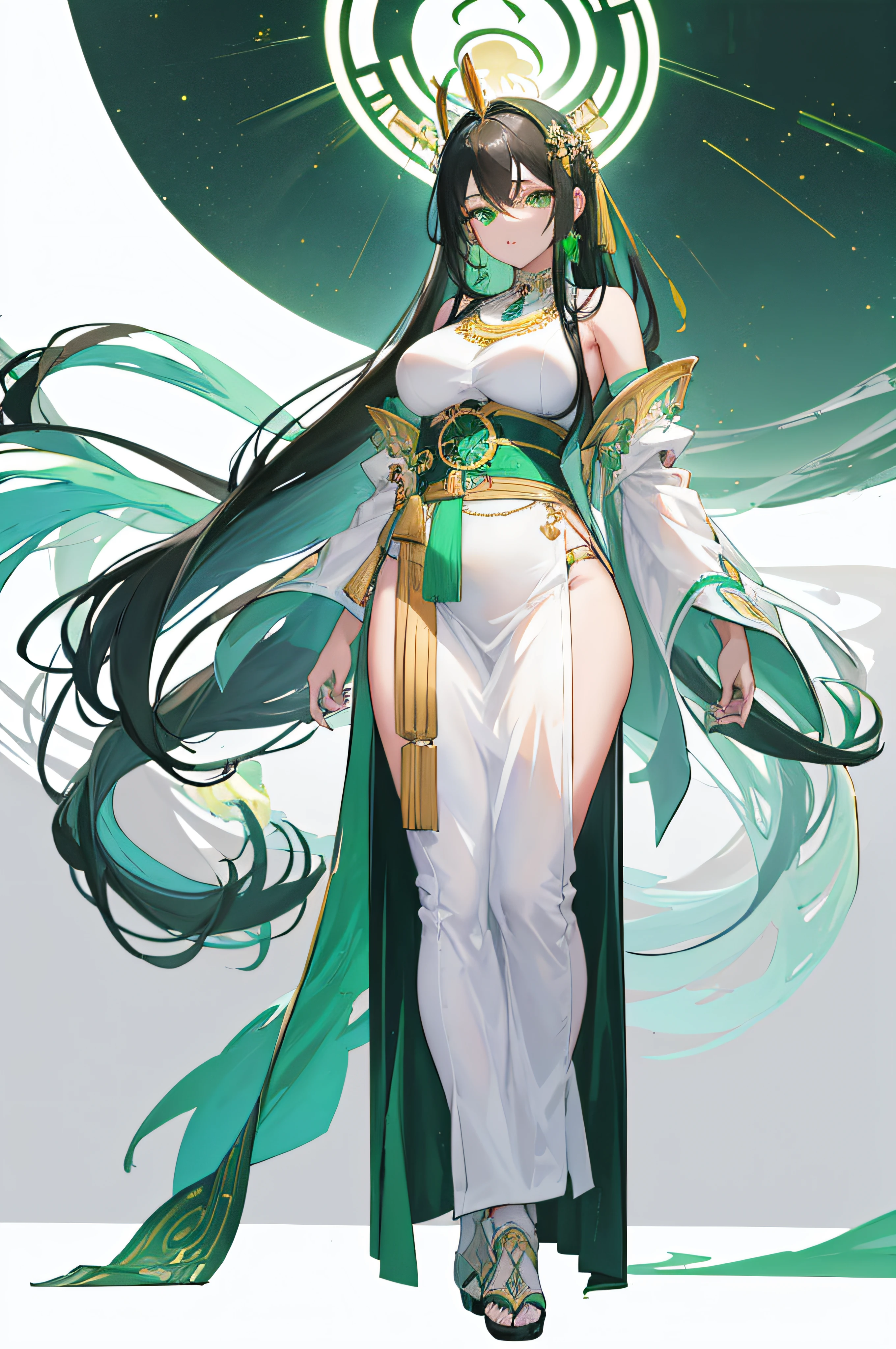 1 lady,Godess, august,green long hair, green eye, dark skin, Great,medium tit,white and green Egyptian apparel,full bodyesbian, best qualtiy, A high resolution:( 1.4), A detailed, 4K , Sumeru, show feet, standing, wearing heel, Ningguang, background blank, background black, output full body. light curvy body, Ancient long cloth, Parsiyan, Arabian, princess