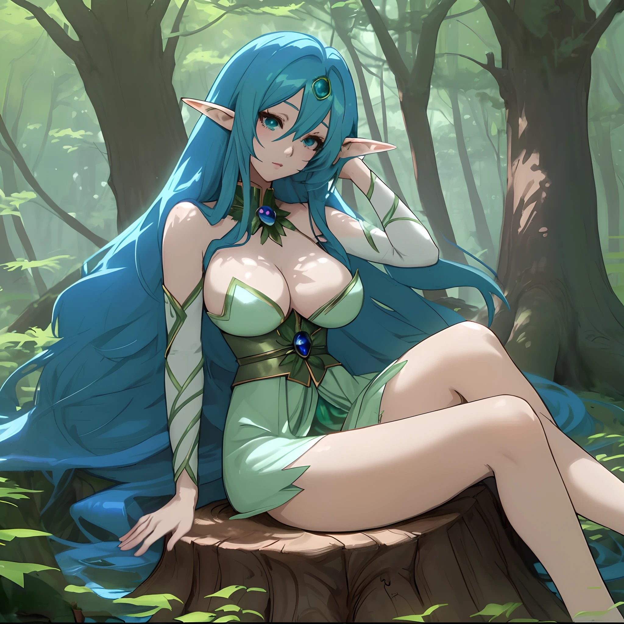 anime, person, person, sitting on a tree stump, hd wallpaper, blue haired deity, anime girl with long hair, perfect blue haired girl, alluring elf princess knight, beautiful wood elf, anime goddess, fey queen of the summer forest, girl with blue hair, goddess of the forest, beautiful maiden, blue-haired, beautiful anime woman, forest soul, large breasts, sexy