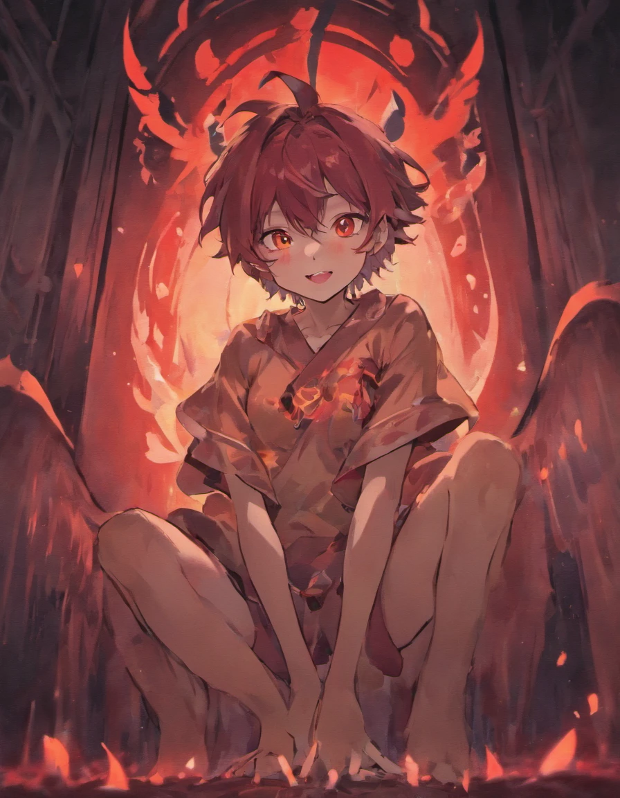 Boy,wolf ears, seductive smile, glowing red eyes, big thighs, posture on knees, wolf tail, blush, living room, hd, 8k,