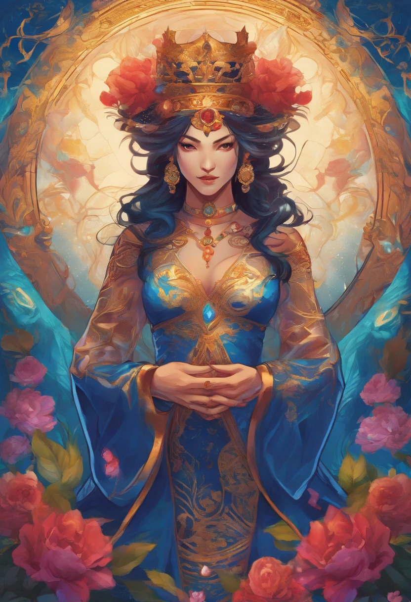 (best quality,4k,8k,highres,masterpiece:1.2),ultra-detailed,(realistic,photorealistic,photo-realistic:1.37),tarot card,queen of cups,illustration,rich texture,vivid colors,mysterious ambiance,detailed patterns and symbols,feminine energy,water element,serene expression,golden highlights,sacred geometry,lush garden background,moonlit night,soft lighting,deep shades of blue,calming water ripples,traditional art style,vibrant jewel tones,delicate floral motifs,flowing gown,royal crown,crystal clear cup,divination,spiritual intuition,emotional depth,symbolic interpretation,crossed legs,graceful posture,peaceful aura,transcendental experience.