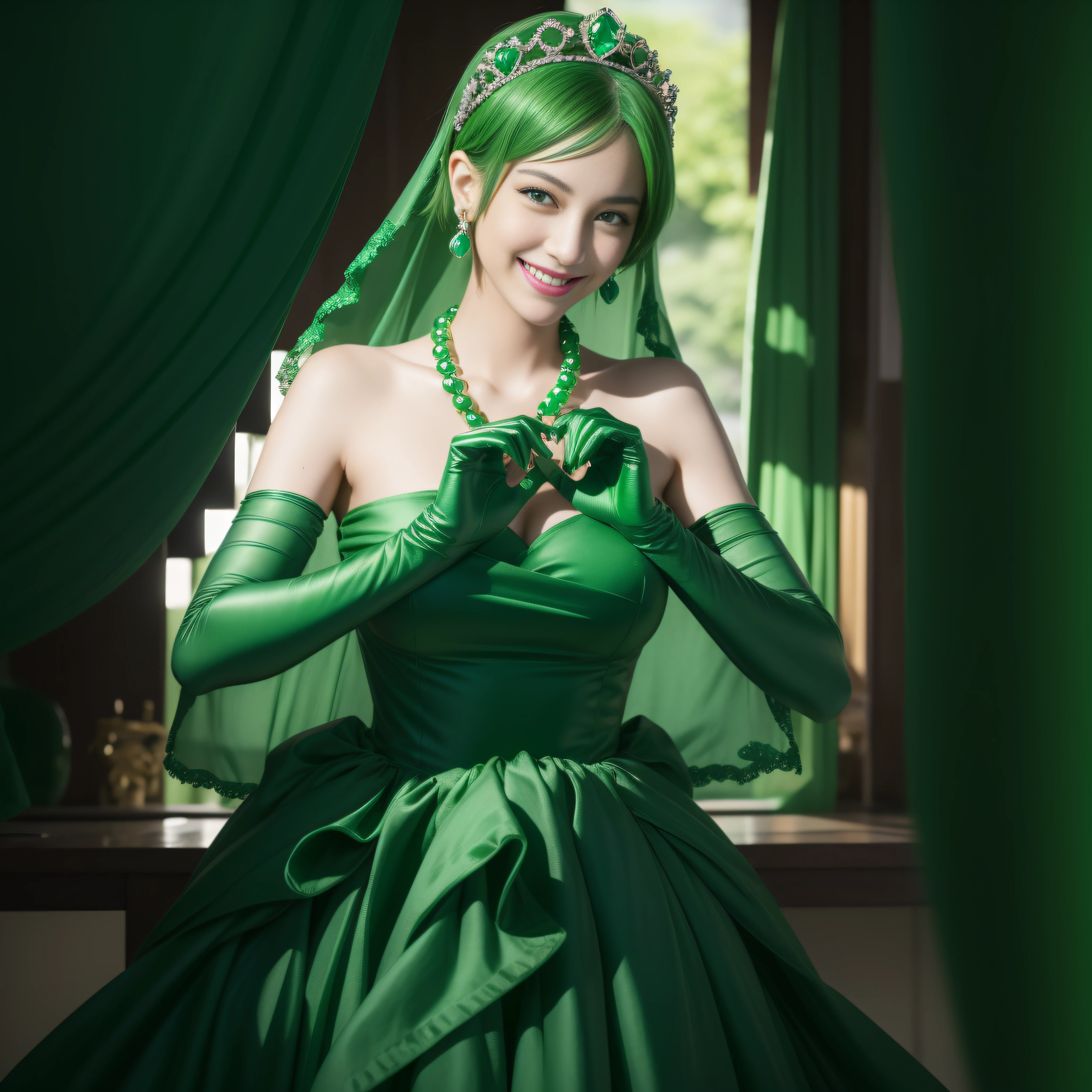 emerald tiara, Green Pearl Necklace, Boyish very short green hair, lipsticks, Japan woman smiling, very short short hair, big breasts beautiful, Green eyes, Long green gloves made of satin material, Green eyes, Emerald Earrings, green vale, Heart with both hands,Green hair