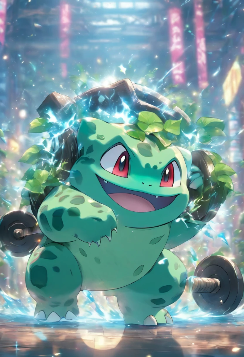 Bulbasaur Is Lifting Weights，A mais alta qualidade de imagem，cinematic texture，uma obra-prima，tmasterpiece，Horizontal, wallpaper