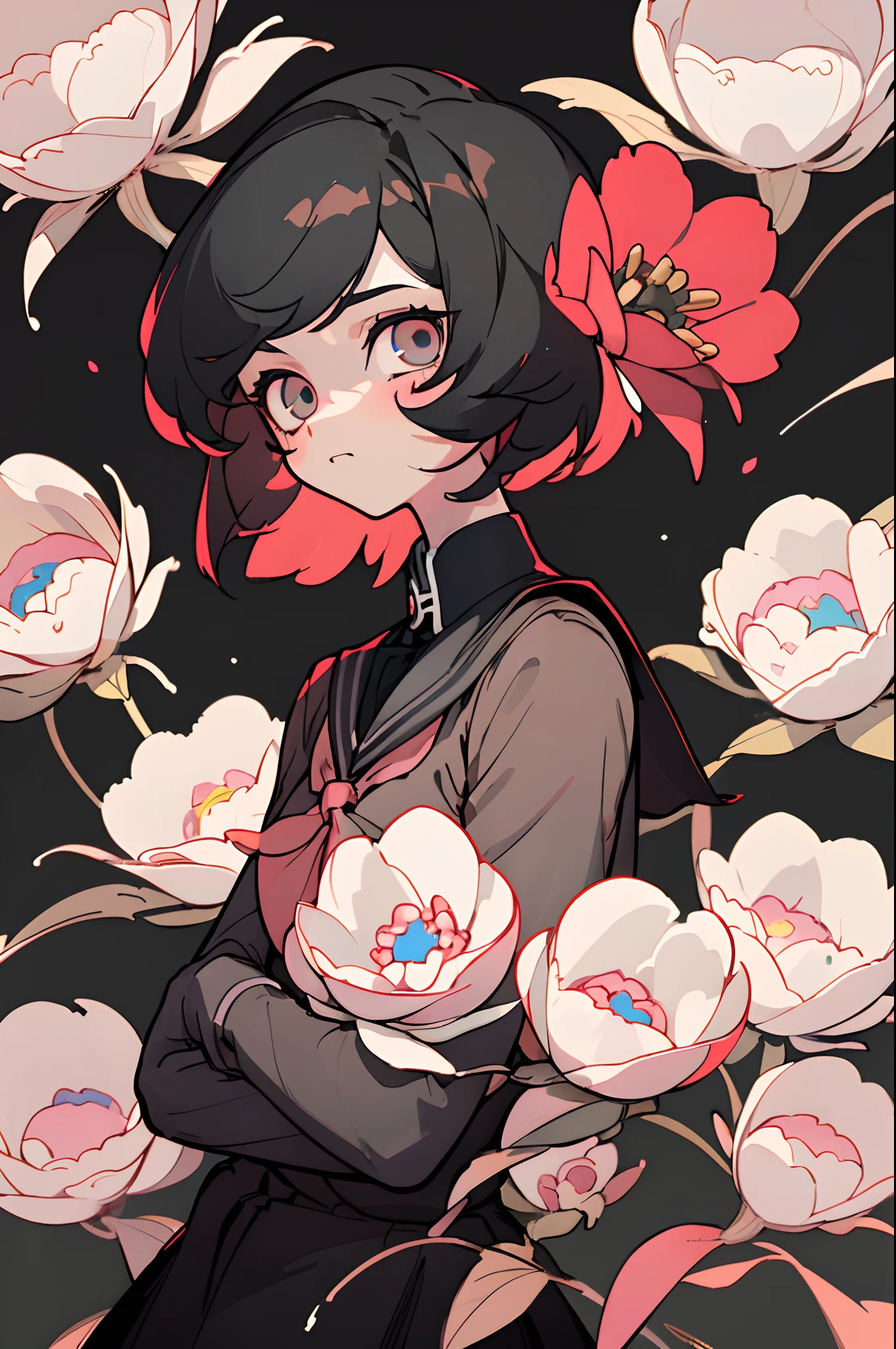 (best quality, masterpiece), 1boy, particle, wind, flower, upper body, dark simple background, looking at viewer, feminine, feminine boy, femboy, crossdresser, school uniform
