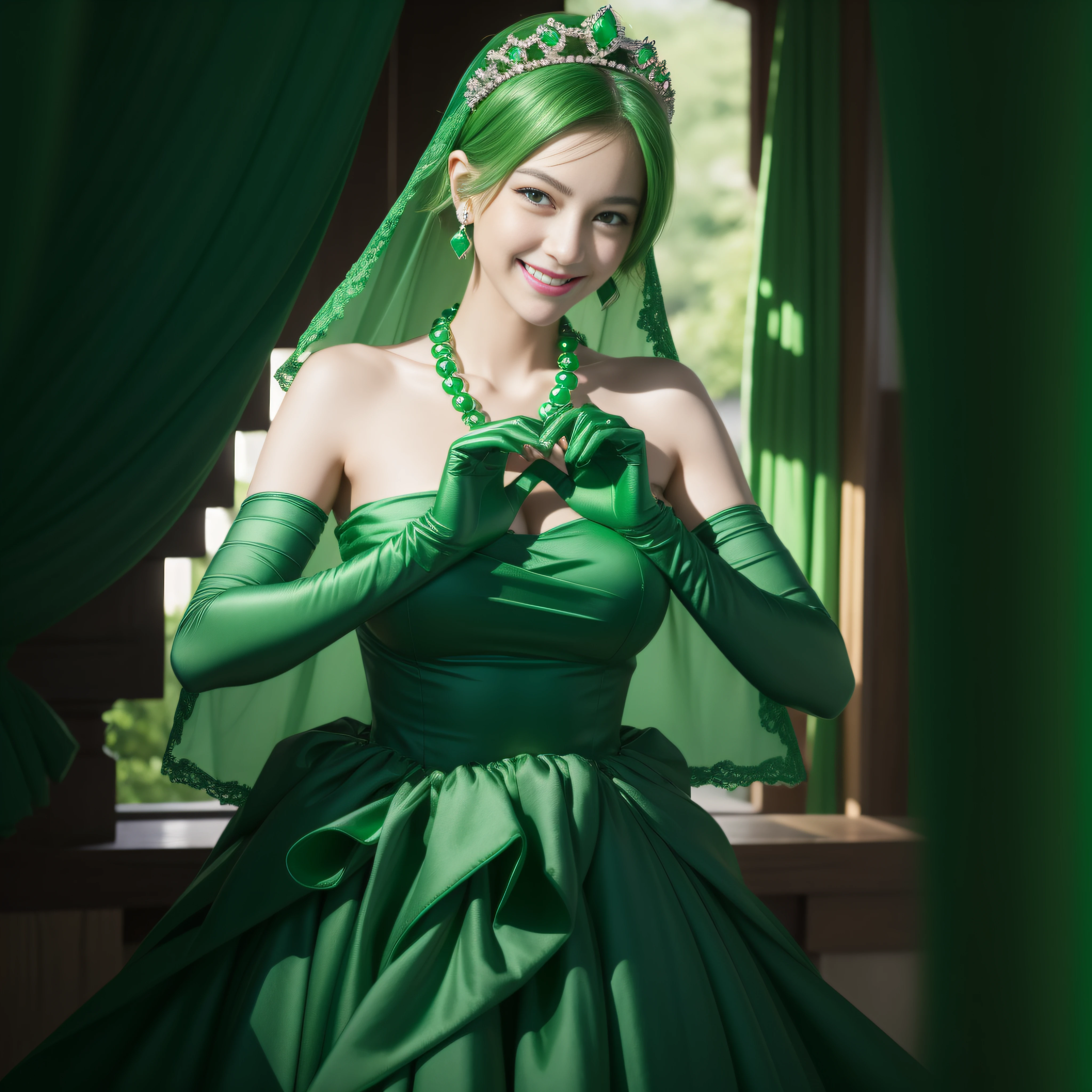 emerald tiara, Green Pearl Necklace, Boyish very short green hair, lipsticks, Japan woman smiling, very short short hair,  big breasts beautiful, Green eyes, Long green gloves made of satin material, Green eyes, Emerald Earrings, green vale, Heart with both hands,Green hair