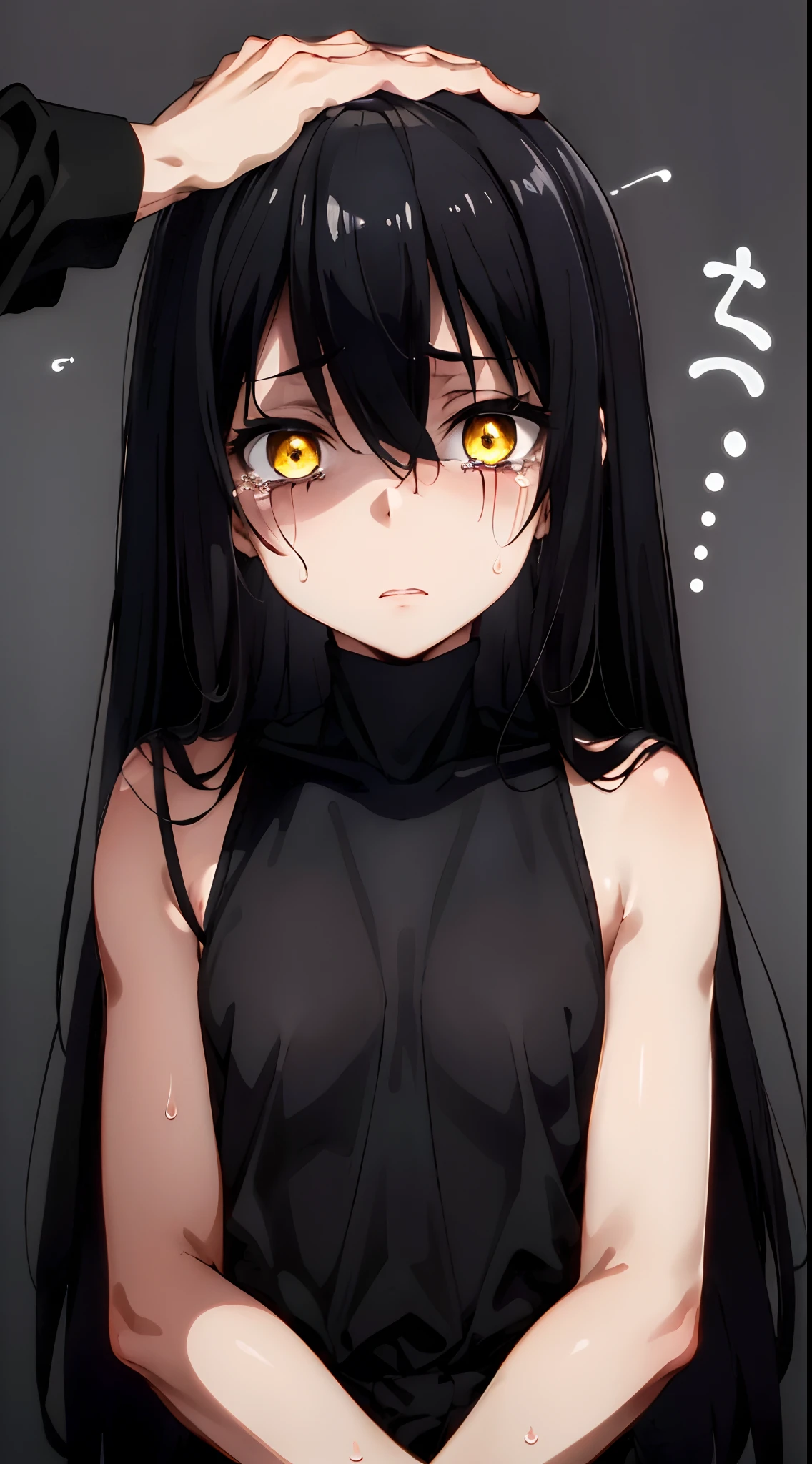 (mieruko:1.3), 1girl, scared, tears, sweat drips, yellow detailed eyes, long black hair, big eyes, (open mouth:0.1), detailed pupils, hdr shadows, ((enslaved,
submissive, blood , sleeveless)), ((upper body, headpat by a man)).