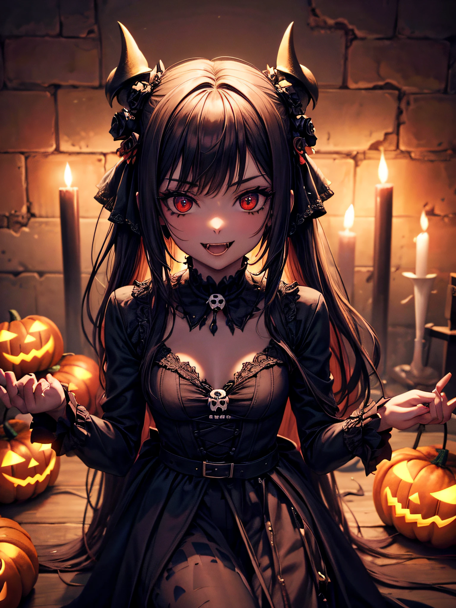 girl with fangs,dark city,lights illuminating small corridors,halloween,skulls with small candles, high resolution, 4k