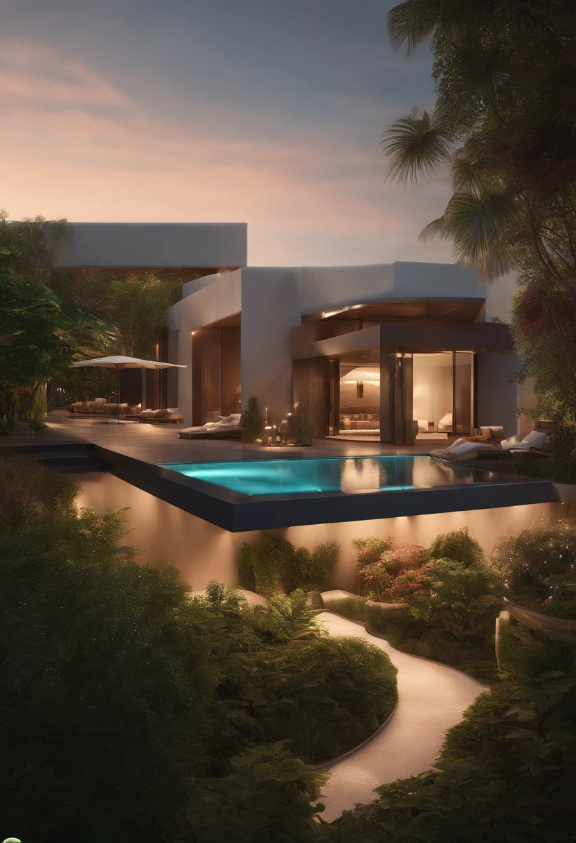cinematic realistic photo, altamente detalhado, Futuristic, Impresso em 3D, argila, geometric, architectural villa, with artificial lighting, different kinds of vegetation landscaping, luz do dia, exotic, nevoento, octan render, maximum render detail